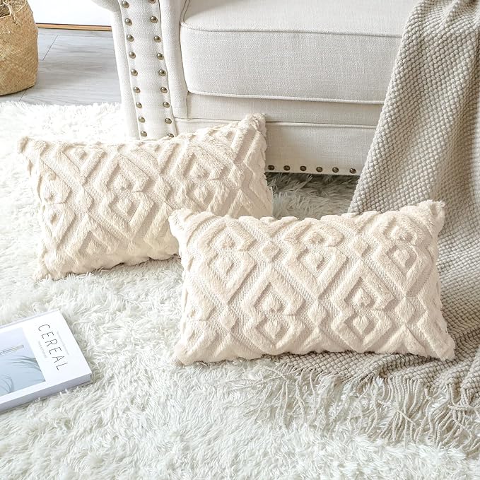 2 Pieces Doux Peluche Laine Courte Velours Décoratif Housses de Coussin Luxe Style pour Canapé Chambre - Modernes Forme de Diamant Beige, 30 x 50 cm - 3