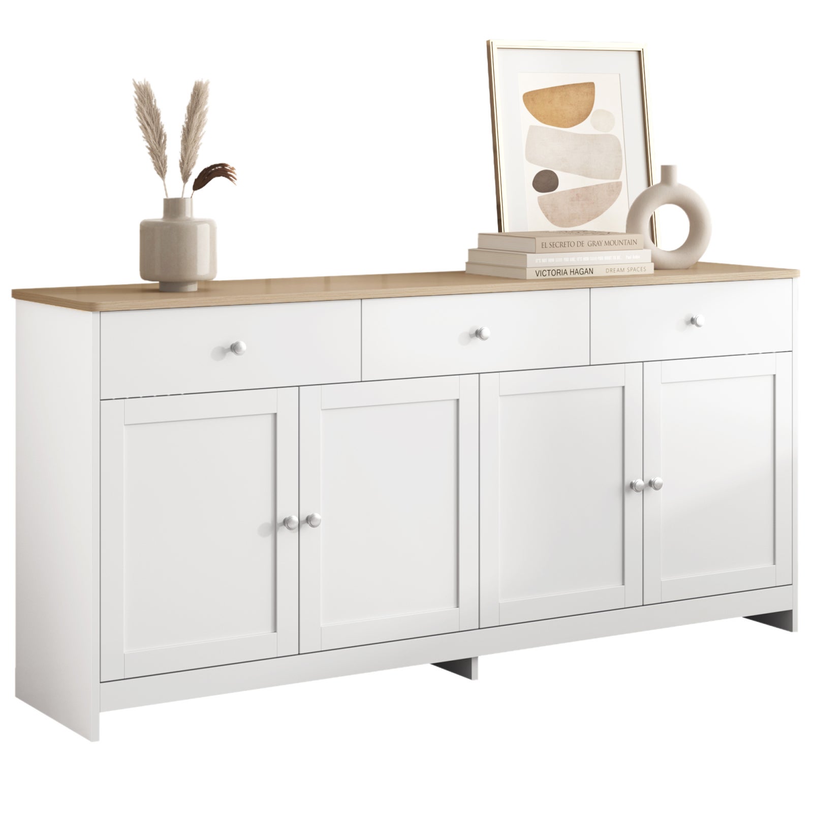 Buffet à 4 portes et 2 tiroirs - comptoir à finition blanche et grain de bois - poignées métal portes à charnières - L160 x P37 x H75 cm - Scandinave - 6