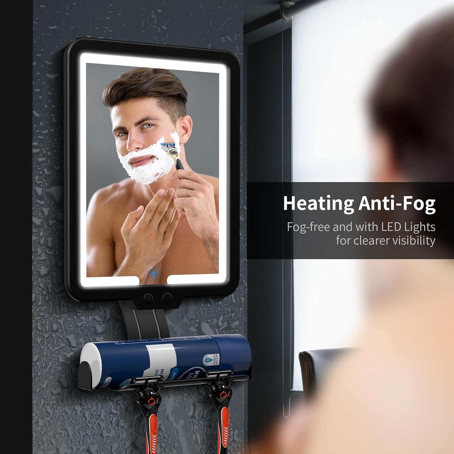 Lustro prysznicowe z powłoką antyparową i oświetleniem, ładowalne, 3 tryby kolorów, ze schowkiem, czarne 32×17,5 cm - 7