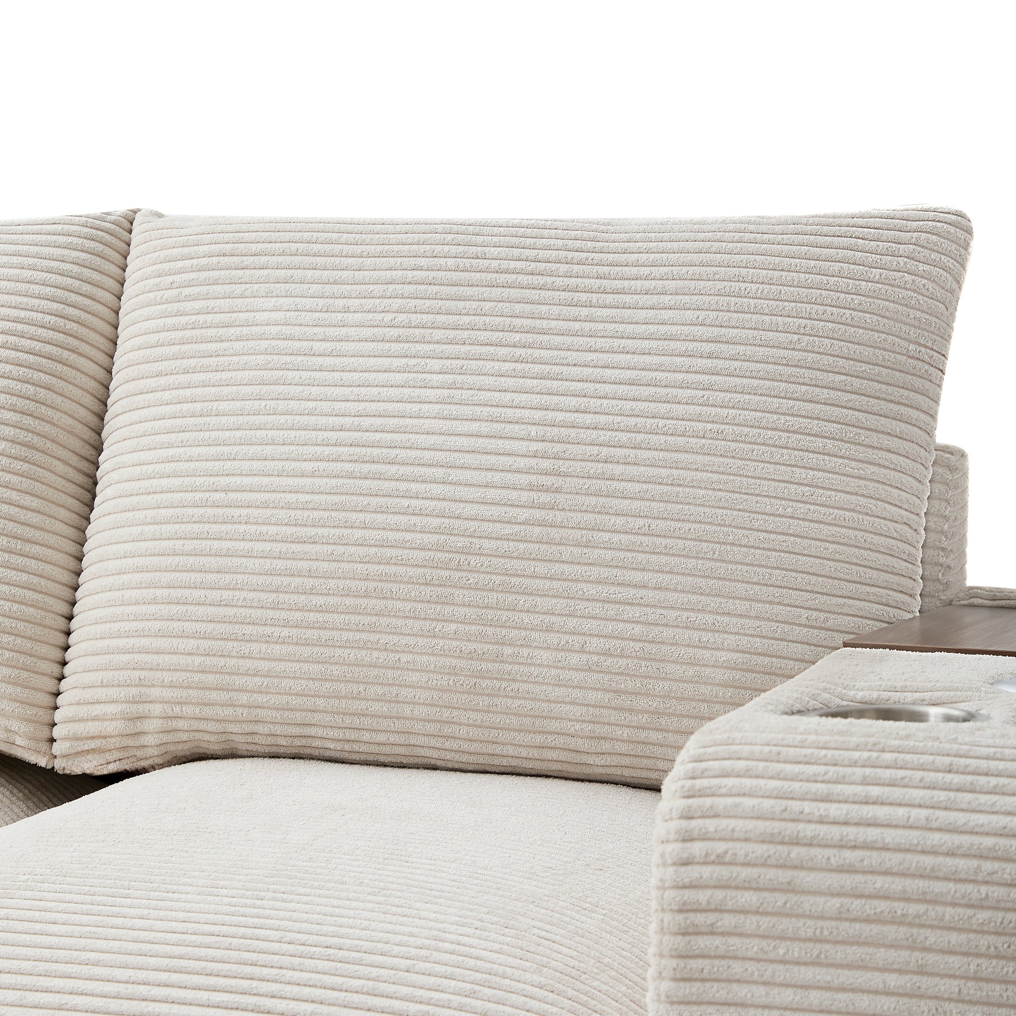 Nowoczesna sofa - z konsolą - 2 uchwyty na kubki - port ładowania USB - kieszenie na podłokietnikach - z poduszkami - beżowa - 8
