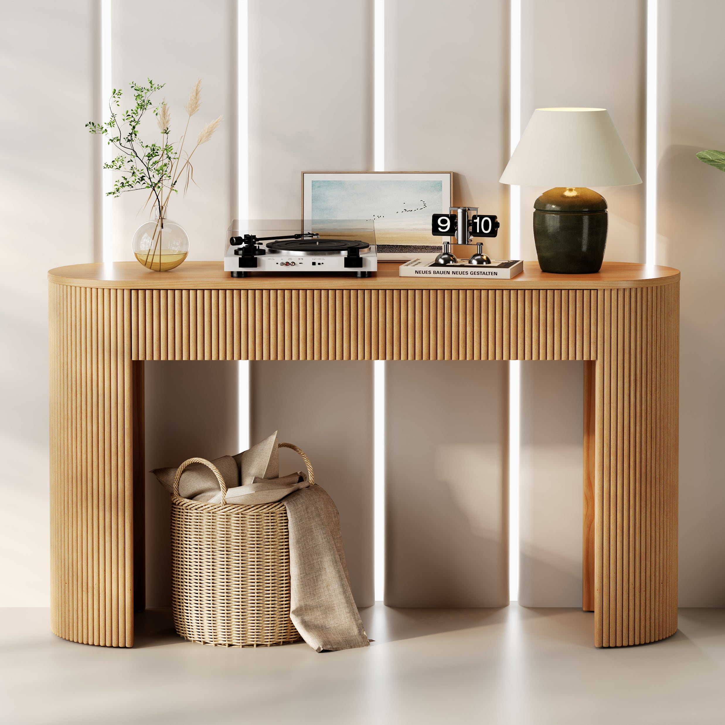 Owalny stolik konsolowy z 2 szufladami - 120 x 33 x 76 cm - Zaokrąglony przód i regulowane nóżki - Płyta MDF - do przedpokoju, wejścia - Naturalny