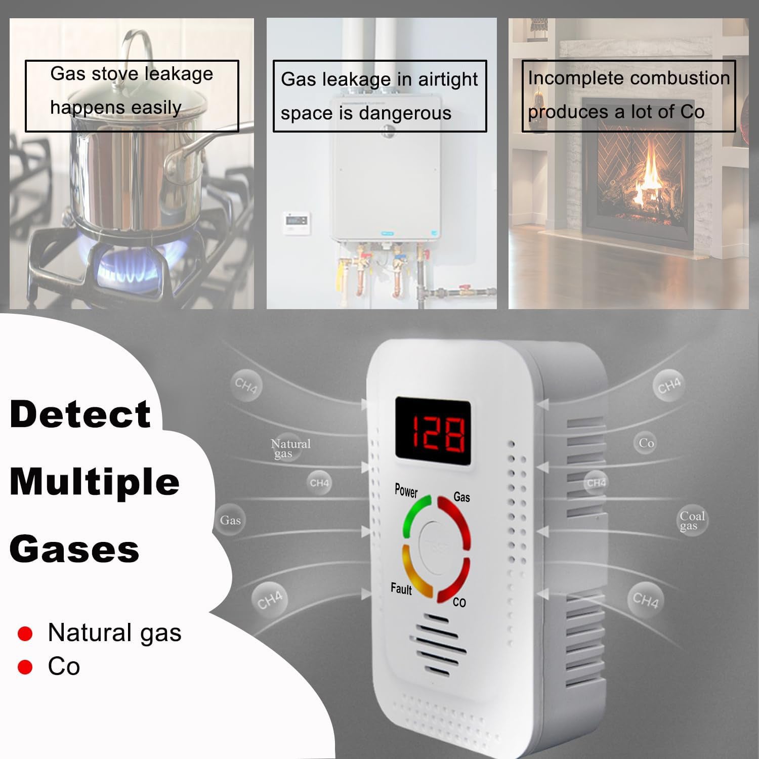 Detector de gas portátil, detector de monóxido de carbono con pantalla LED digital, para el hogar y viajes, blanco, enchufe de la UE - 4