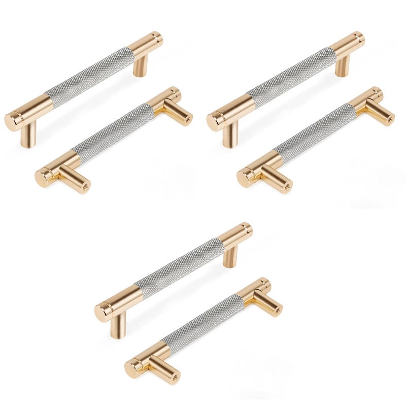 Uchwyty meblowe radełkowane, uchwyty do szafek kuchennych, uchwyty do szuflad, rozstaw osi 128 mm, 6 sztuk (złoty + szary)