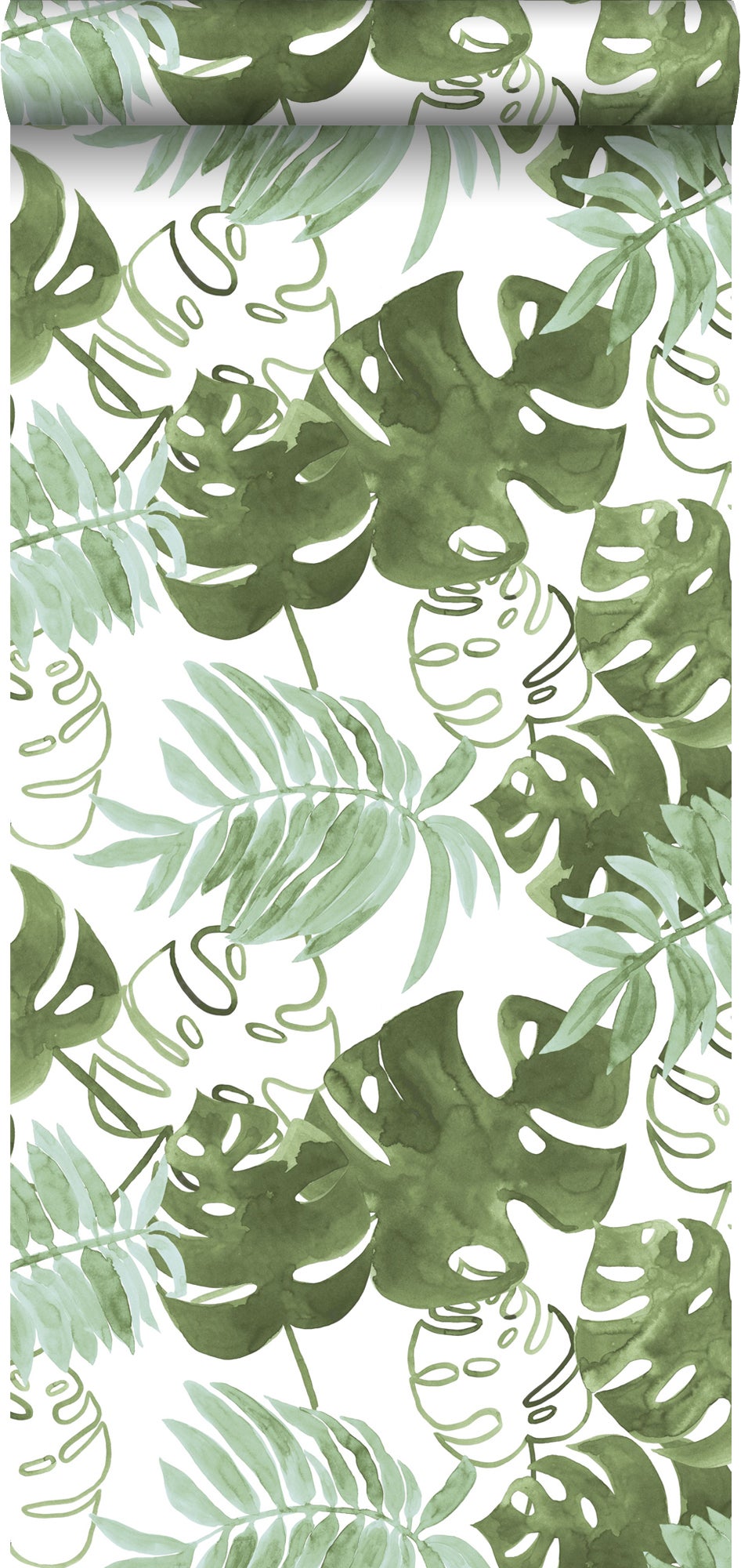 Papel pintado hojas de la selva tropical pintadas verde oliva agrisado - 53 cm x 10,05 m - estahome