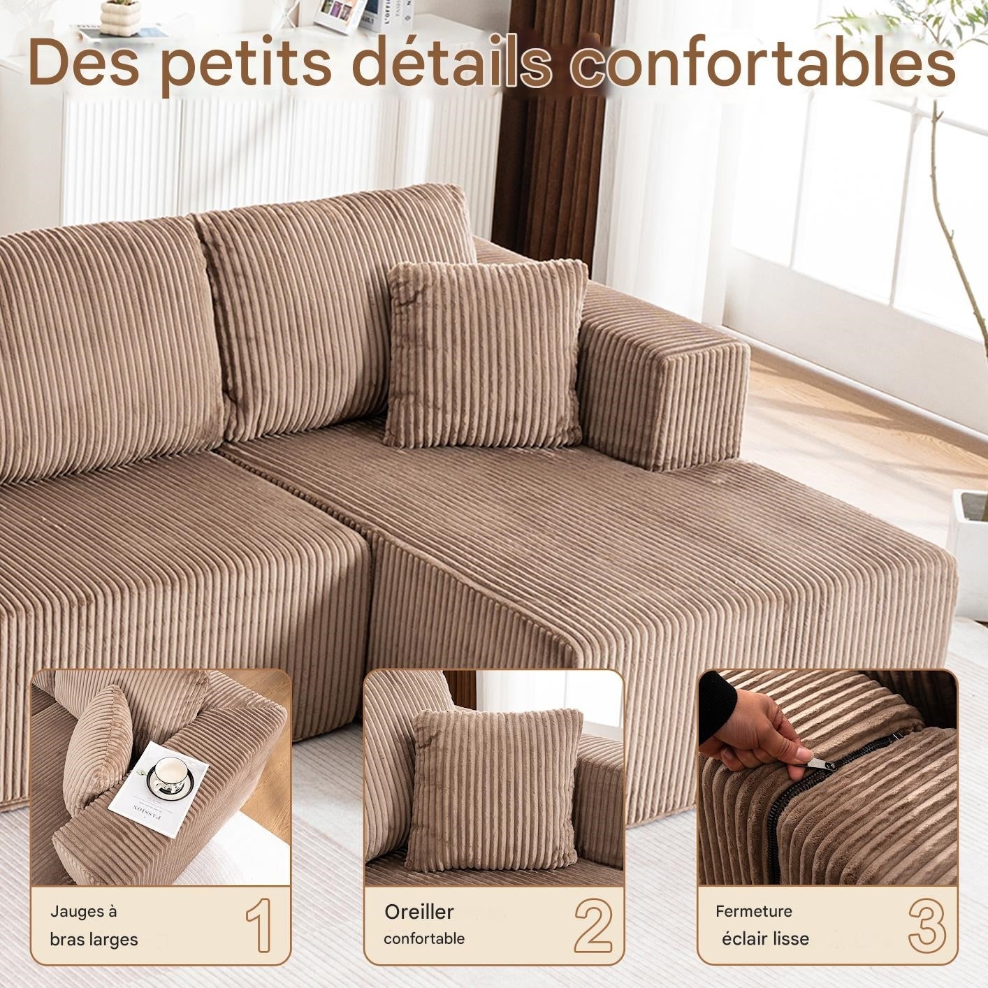 Canapé panoramique d'angle en U,4 places,Canapé modulable,accoudoirs,Velours côtelé,Étui à ressort + mousse haute résilience,Marron - 5