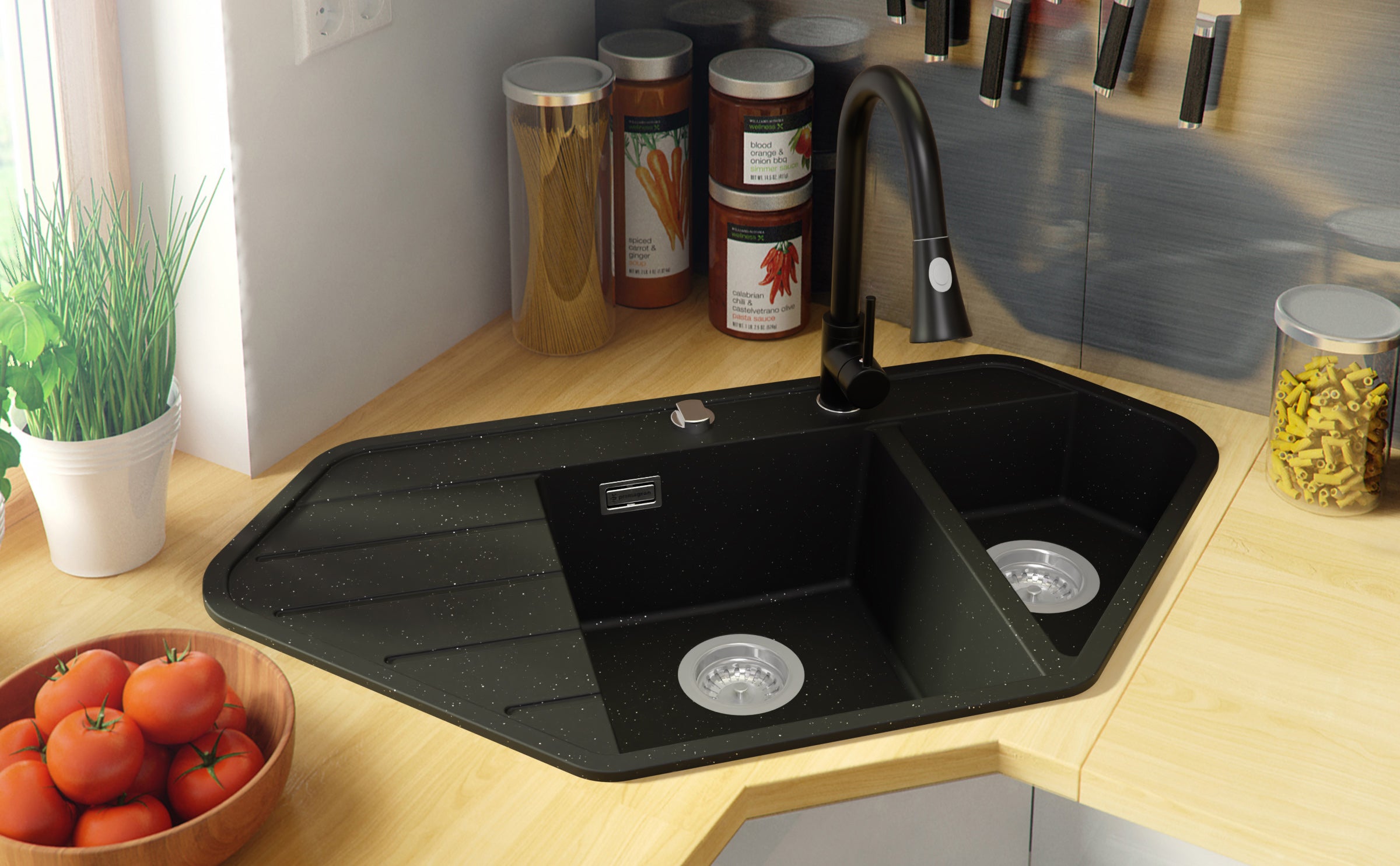 Evier d'angle en Granit Noir Métallisé 90x50cm, Lavabo Cuisine 1,5 bacs + Kit de Vidage + Accessoire, Évier à Encastrer au meuble 70cm PRIMAGRAN - 8