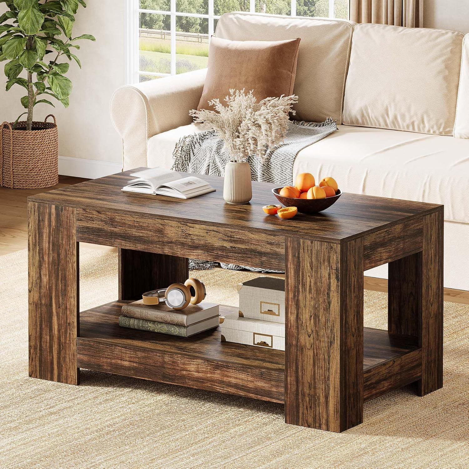 Tribesigns Stolik kawowy 2-poziomowy, prostokątny, drewniany, 120 x 60 x 60 cm, do salonu, w kolorze rustykalnego brązu