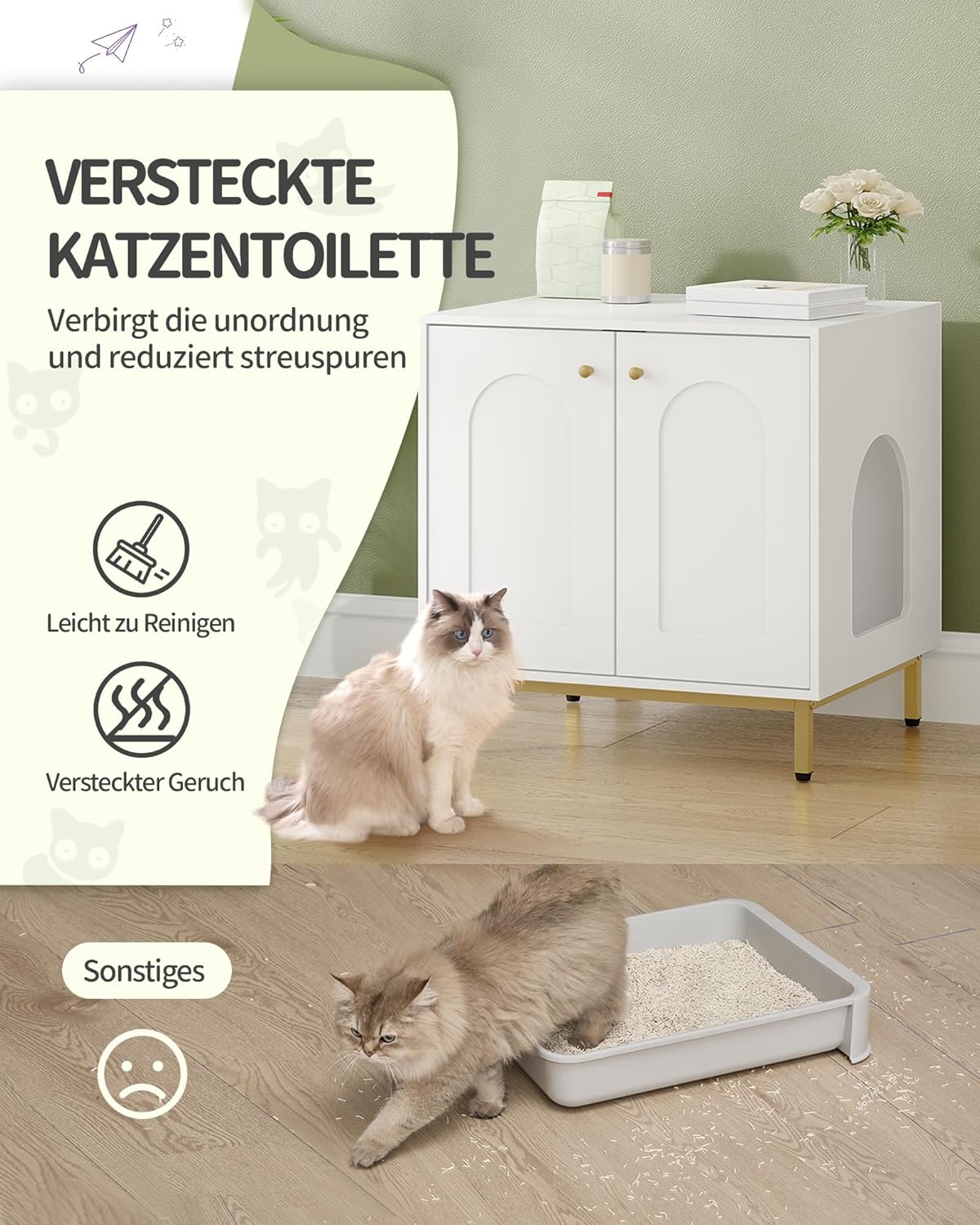 Armário Oculto para Caixa de Areia, Mesa de Apoio em Madeira para Animais de Estimação, Banco com Arrumação – Branco e Dourado - 6