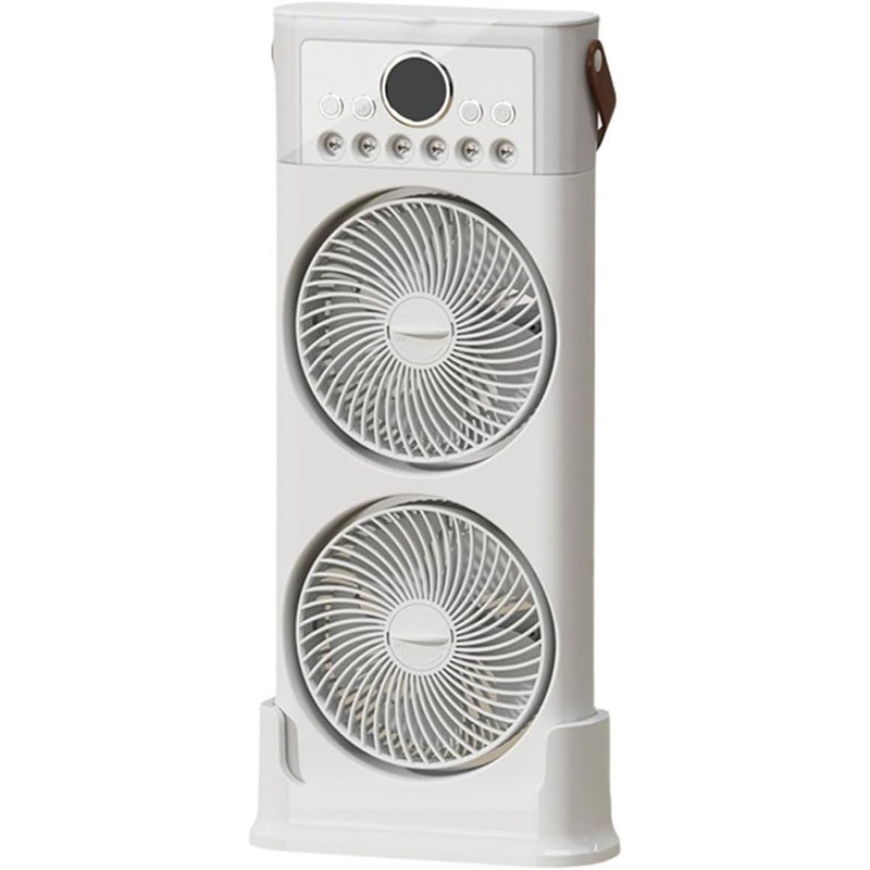 Podwójny wentylator z nawilżaczem, 6 dysz, regulowany w zakresie 360°, cichy, USB C, przenośny, 2400 mAh (biały, 49 cm)