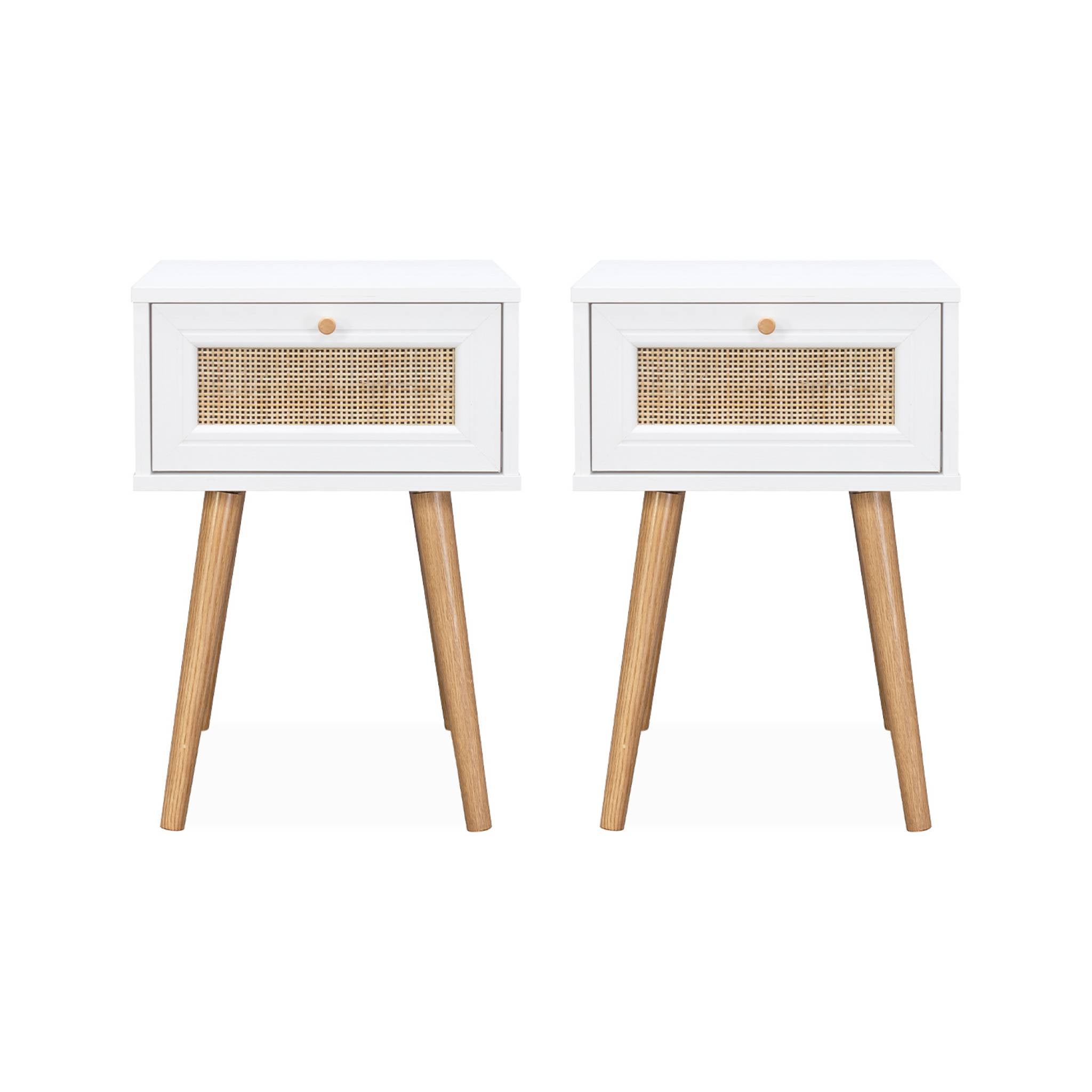 Mesita de noche de 1 cajón con efecto madera y caña, set de 2, Blanco roto - 5