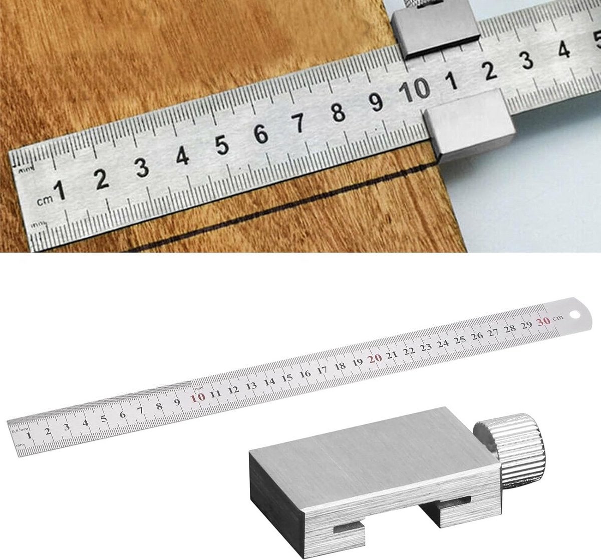 Riglă cu opritoare din oțel inoxidabil: Riglă cu opritoare de 30 cm cu opritoare metalice pentru prelucrarea lemnului, bricolaj și meșteșuguri