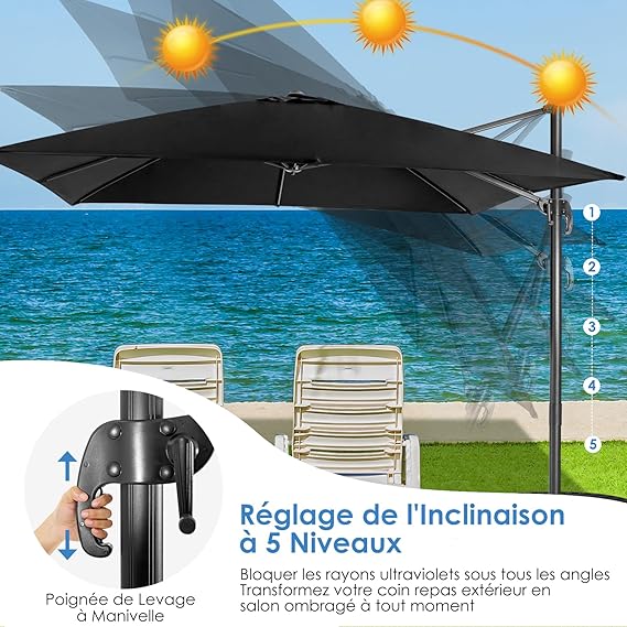 Parasol Déporté Inclinable 3x3 M, Parasol de Jardin Extérieur Pliable, Base Croisée Rotatif à 360°, Protection UV, (Noir, Carré) - 4