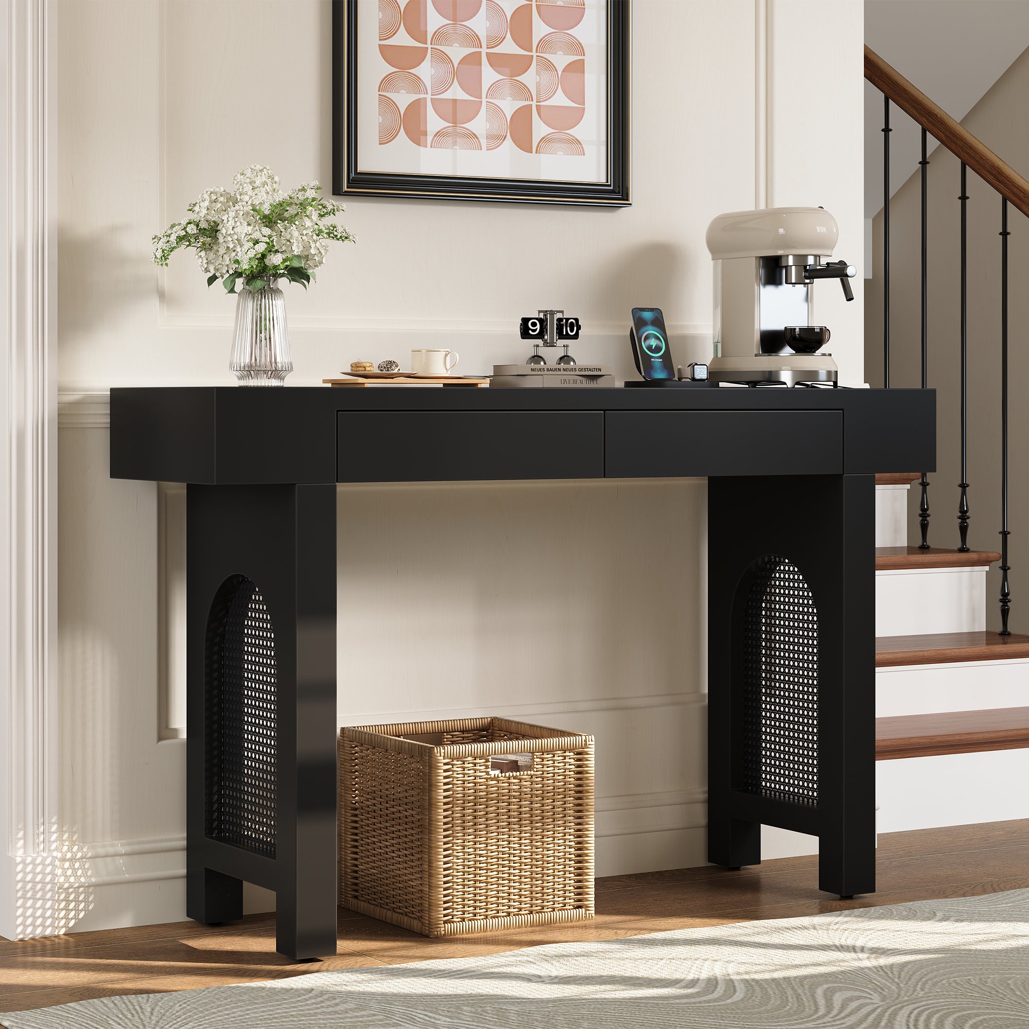 Stół konsolowy 120x35,5x76,5cm - z 2 szufladami - z gniazdkiem elektrycznym - MDF - Czarny