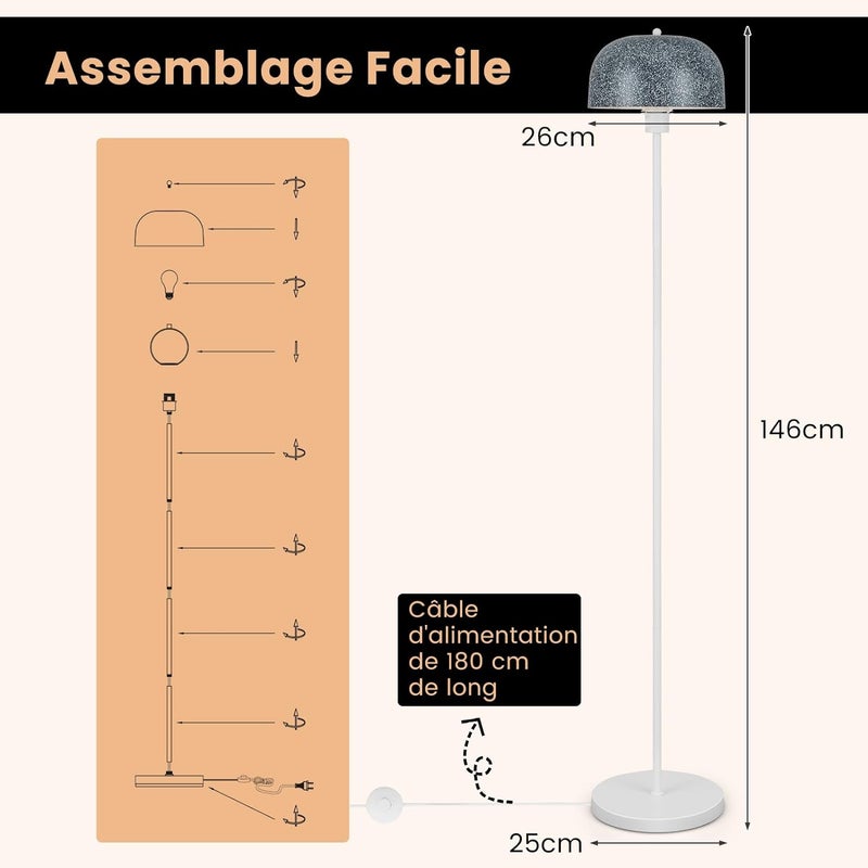 Lampa Stojąca z Abażurem, Włącznik Nożny, Lampa Stojąca z Gniazdem E27, Metalowy Słup, Obciążona Podstawa, Wysokość 146 cm, Nowoczesna Lampa Stojąca