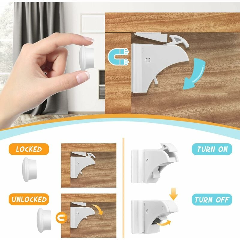 Sécurité Bébé Placard Bloque Porte (4 Verrous + 1 Clés), Bloque Tiroir Sécurité Enfant Verrouillage Bébé Serrures Verrous Magnétique Loquets de Sécuri - 4