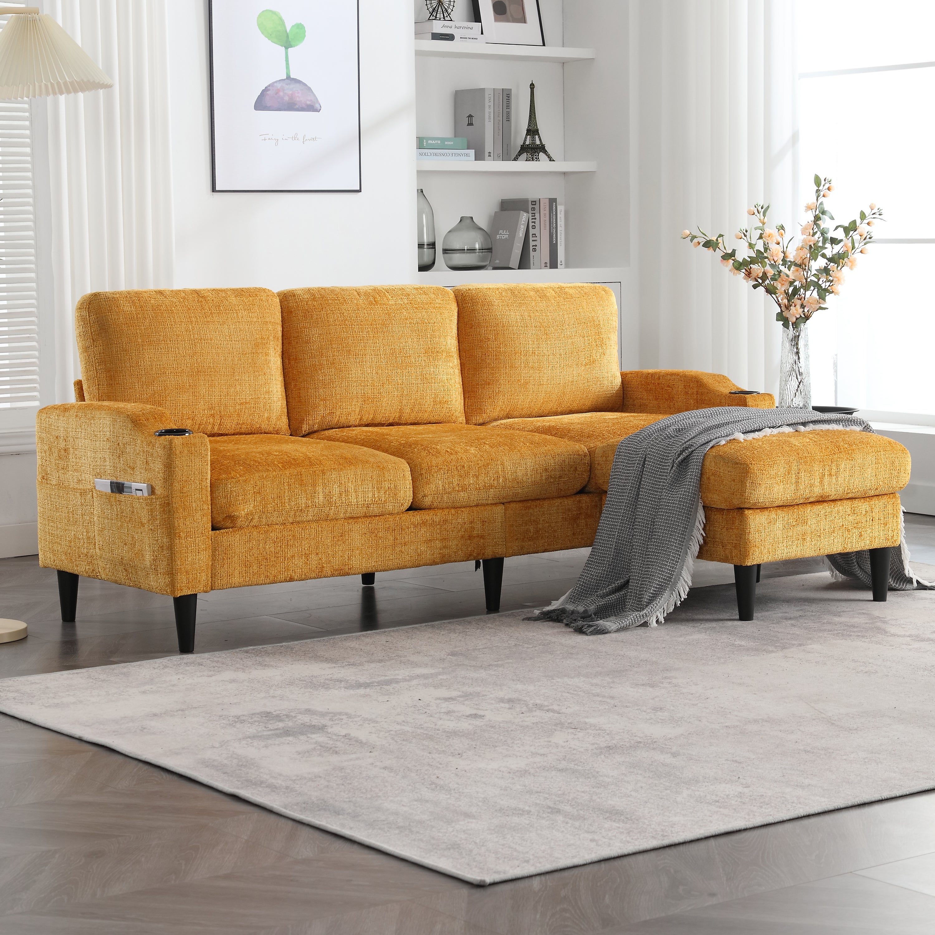 Elegante divano a posti con pouf Comodi braccioli