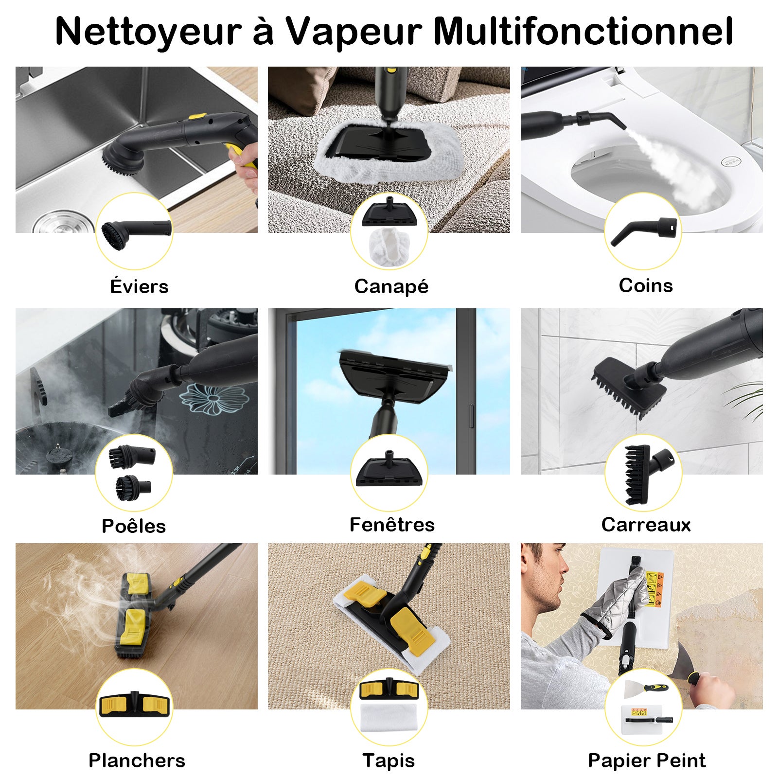 Limpador a vapor com conjunto de 15 acessórios, vaporizador com reservatório de 1,9 L, rodas e bloqueio de segurança, (amarelo) - 9