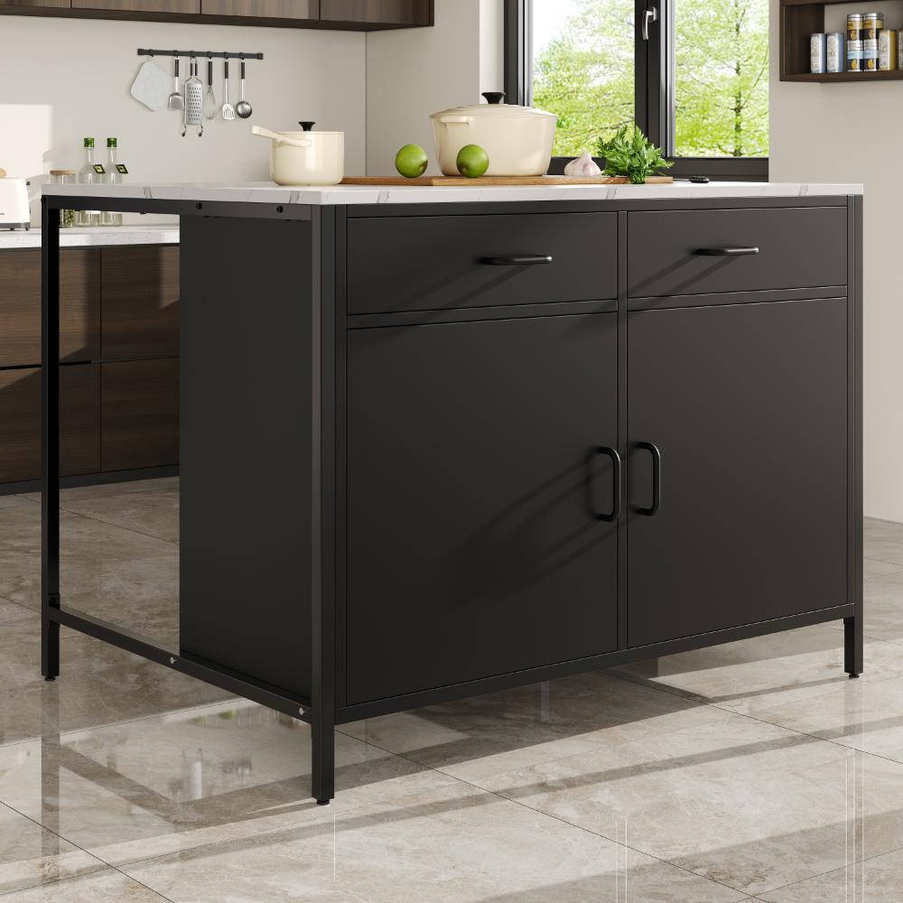 Table haute noire avec plateau effet marbre, pieds réglables, rangement pratique, design moderne pour cuisine et salon - 100×90×90cm - 4