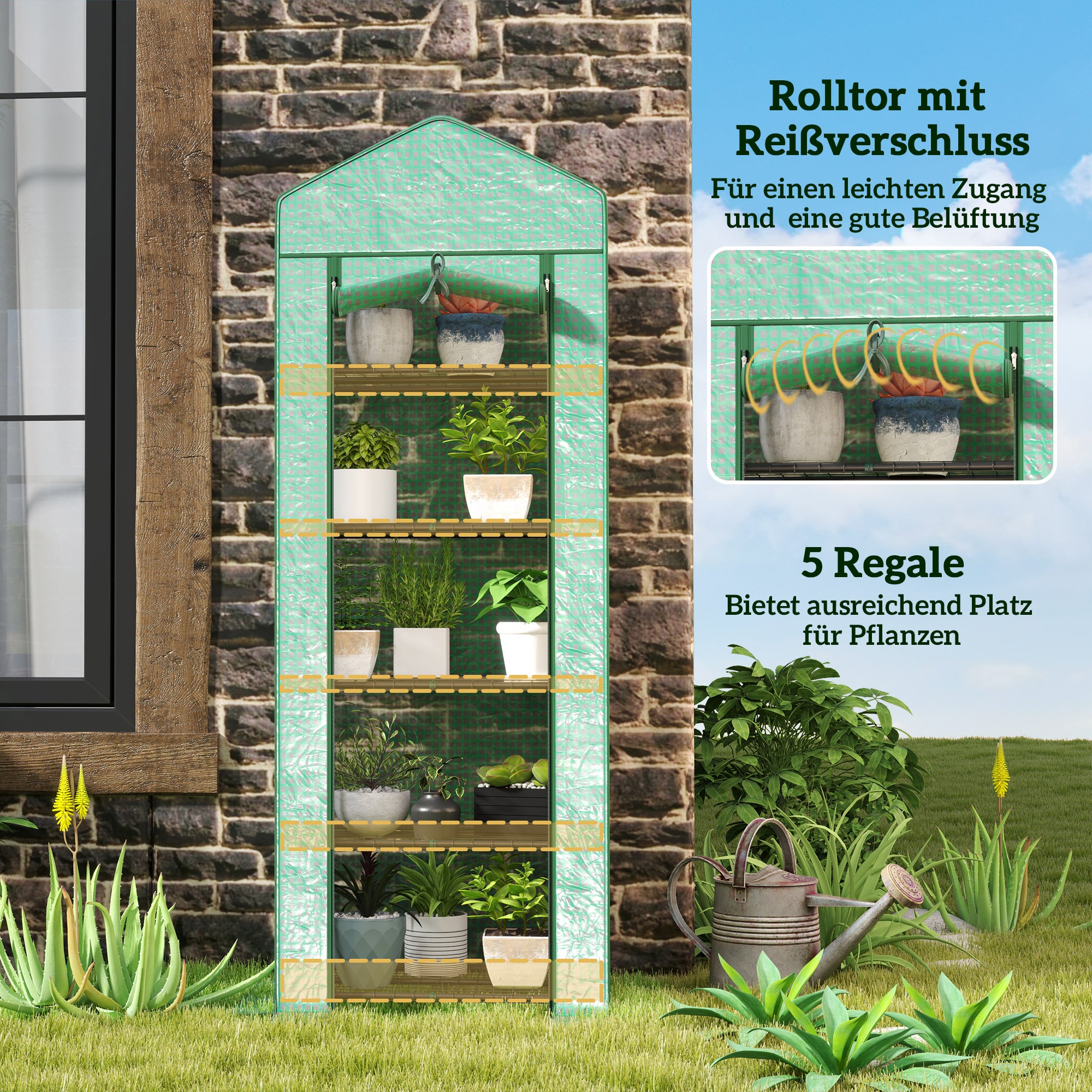 Mini serre pour fleurs ou légumes, acier, plastique, 69 cm (L) x 49 cm (l) x 193 cm (H), verte - 6