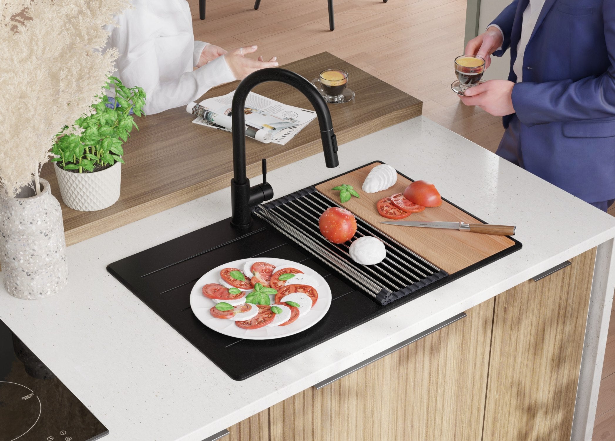 Evier Cuisine en Granit Noir 78x50cm, Lavabo 1 bac + Kit de Vidage + Planche à Découper, Évier à Encastrer au meuble 50cm - Copenhague PRIMAGRAN - 3