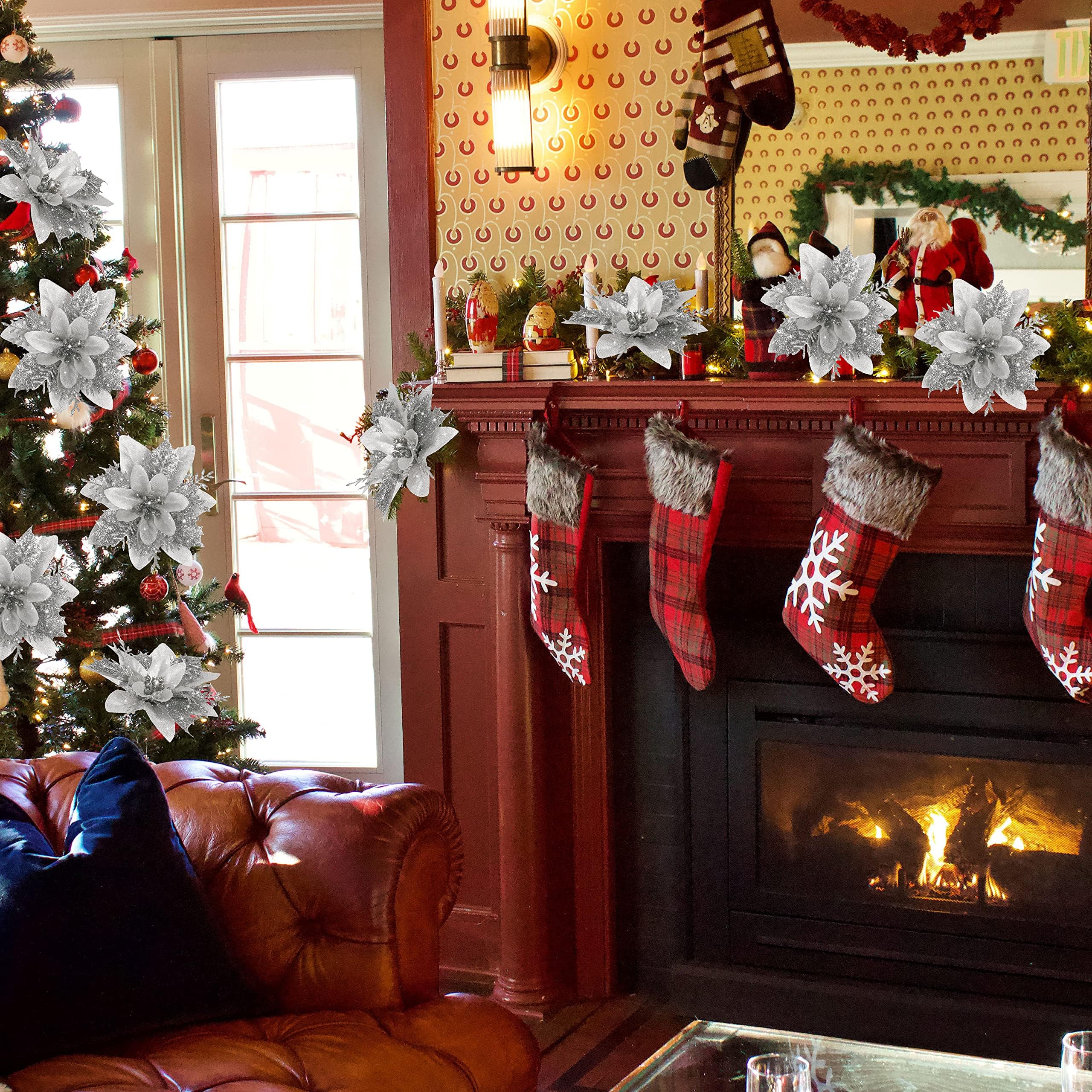 10 pièces décorations de noël, fleurs de noël artificielles avec clips, guirlande d'arbre de noël scintillante pendentifs de fleurs artificielles - 3