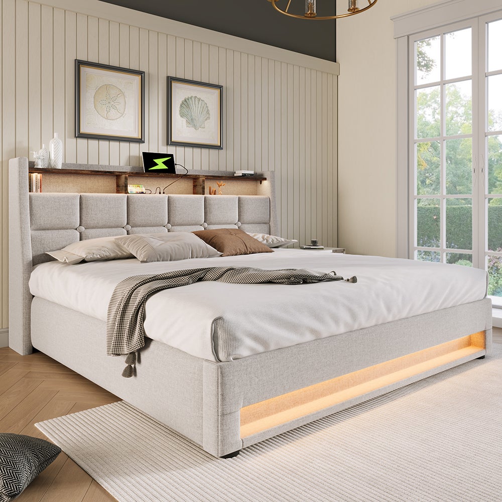 Lit coffre 160x200 cm Lit rembourré avec USB Lit simple LED avec sommier à lattes métalliques pour adolescents Sans matelas Beige - 2