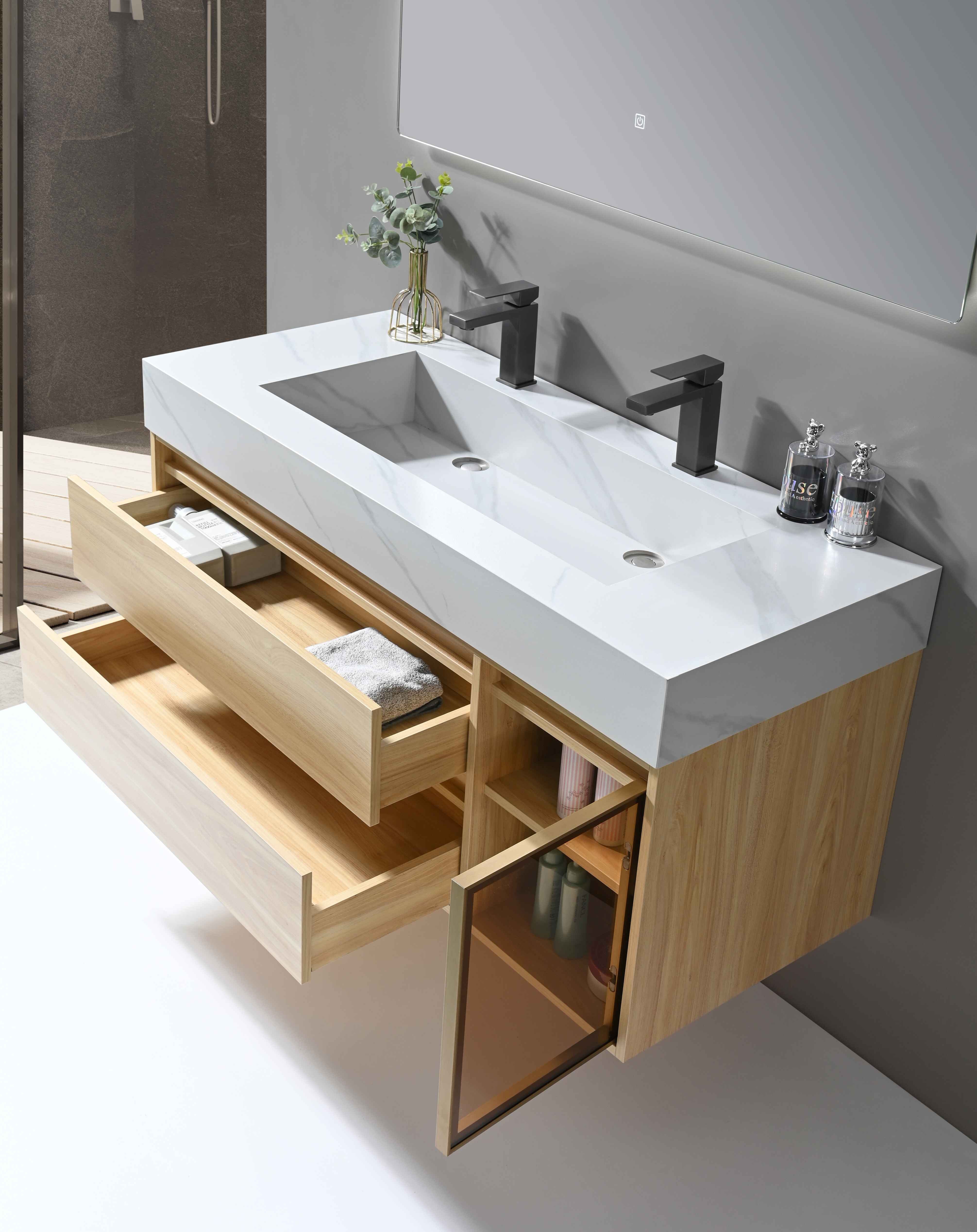LuxuryBain- Meuble de salle de bain double vasque 120cm bois et blanc effet marbre avec miroir LED LB-8512 - 4