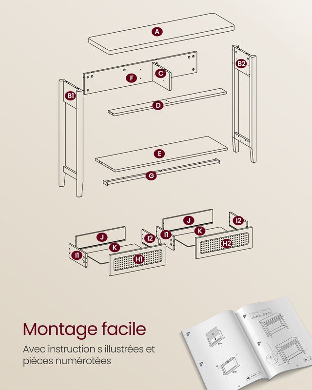 Table Console pour couloir, table de couloir avec 2 tiroirs, étagère ouverte, coins arrondis, style bohème, chêne beige - 7