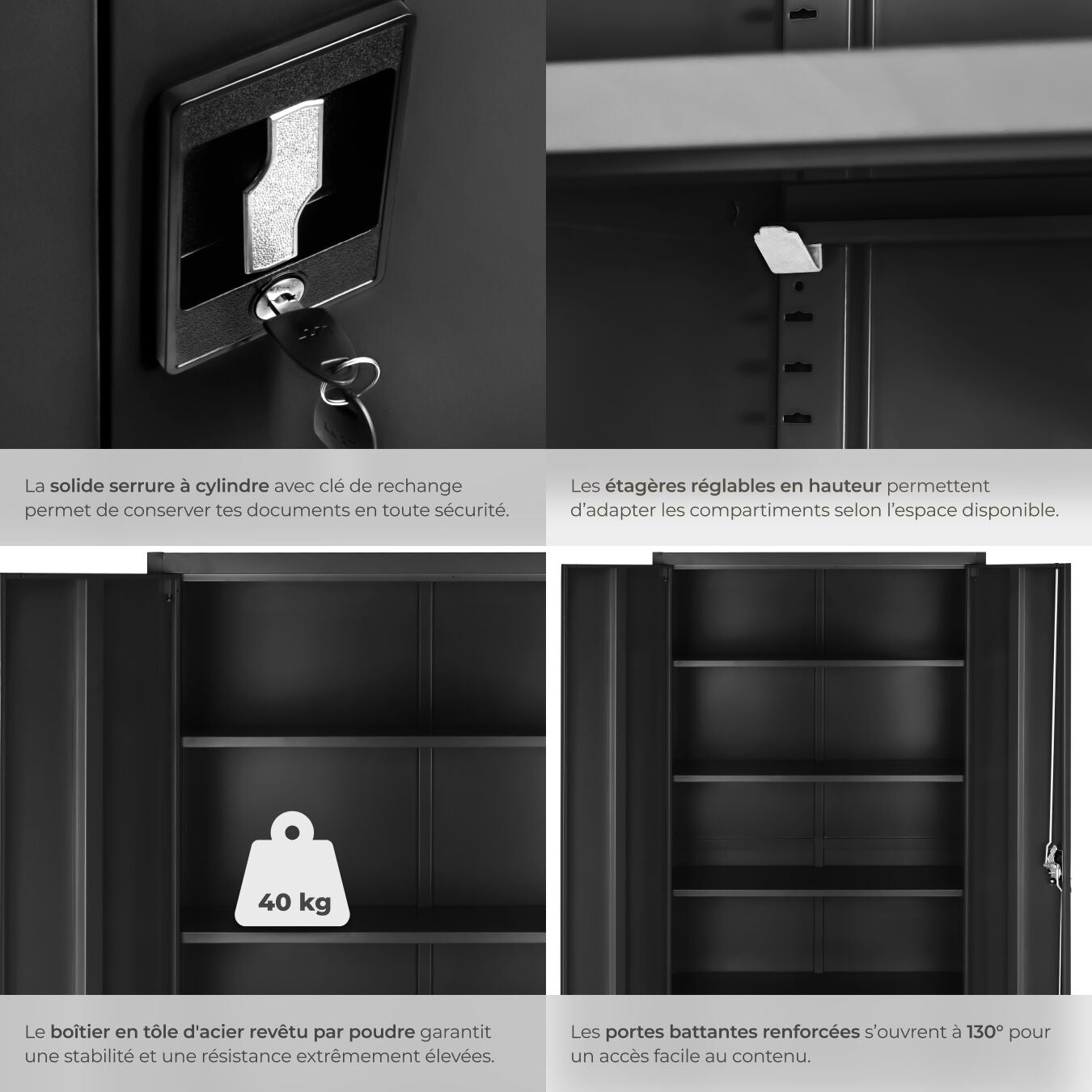 Armoire en métal verrouillable, étagères réglables, noir 180 x 90 x 40 cm TECTAKE - 5