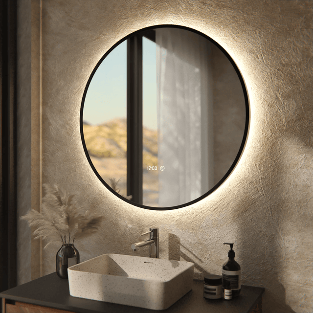 Mirlux Specchio da bagno rotondo con cornice nera opaca e illuminazione a LED, 80 cm - Anticondensa - 3 livelli di intensità luminosa -