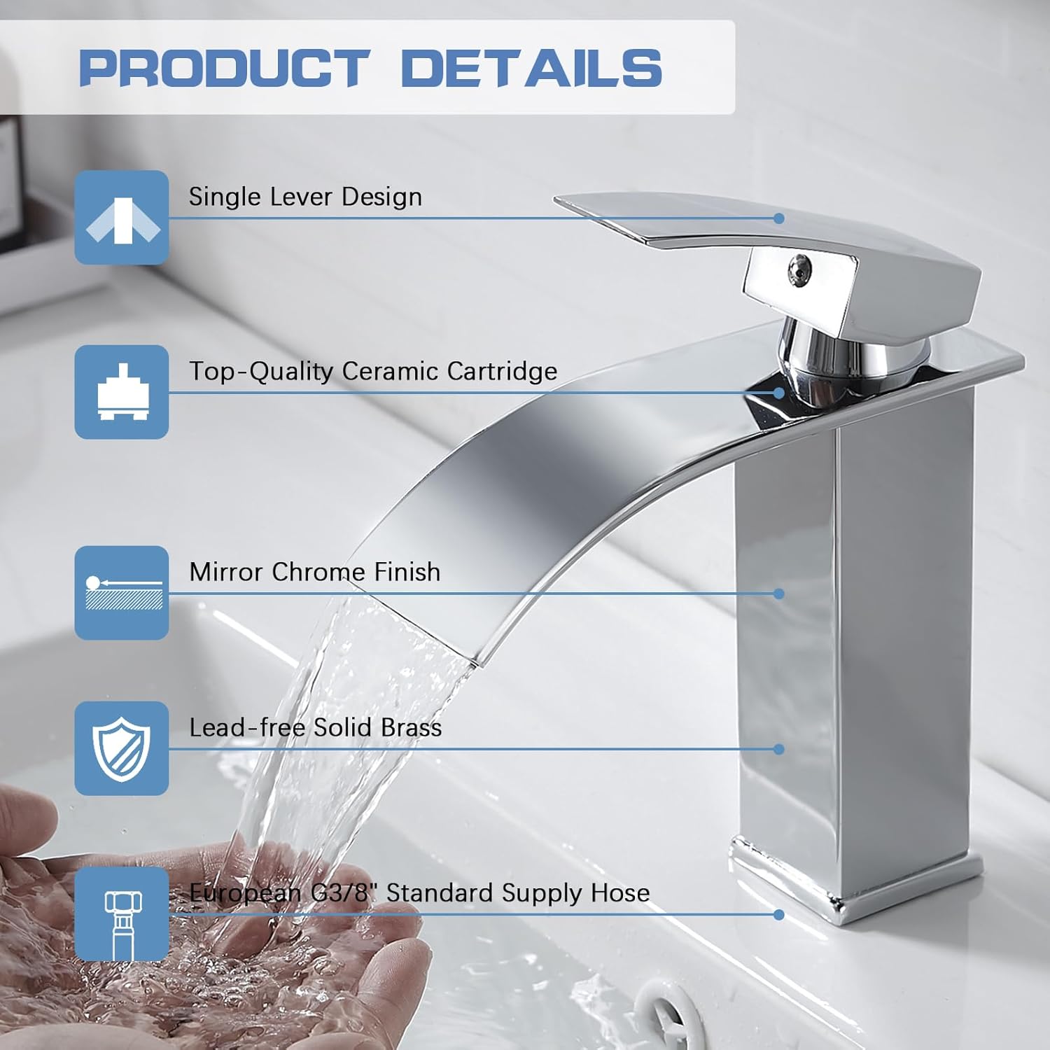VeeBath Stream - Rubinetto Miscelatore Per Lavabo A Cascata, Cromato, Con Scarico Incluso, Design Moderno Rotondo - 3