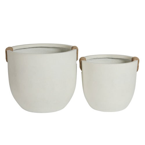 Lot de 2 Pots de Fleurs Ronds Aspect Béton - Jardinières Intérieur Extérieur avec Drainage - Blanc Cassé - Ø37 et Ø46 cm - 4