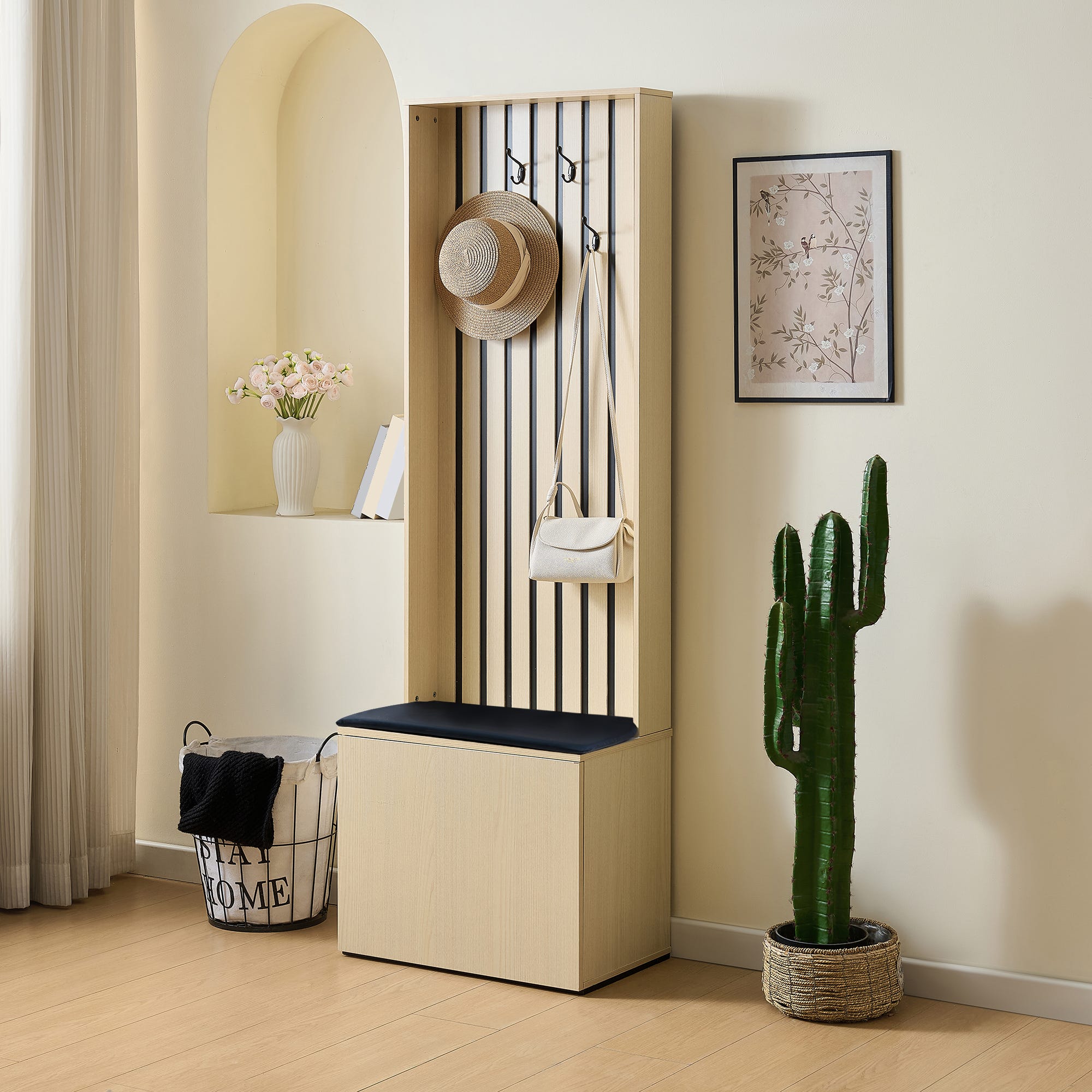 Mueble recibidor 59,5x35x179,5 cm, banco baúl acolchado, gran ...