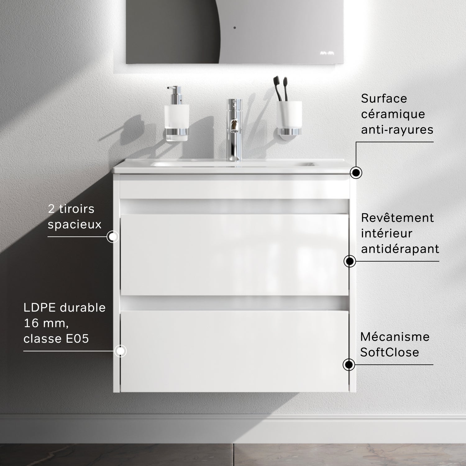 Meuble salle de bains avec Vasque en Céramique Meuble simple vasque suspendu 60cm effet bois clair avec lavabo intégré, 2 tiroirs, design, Blanc AM.PM - 5