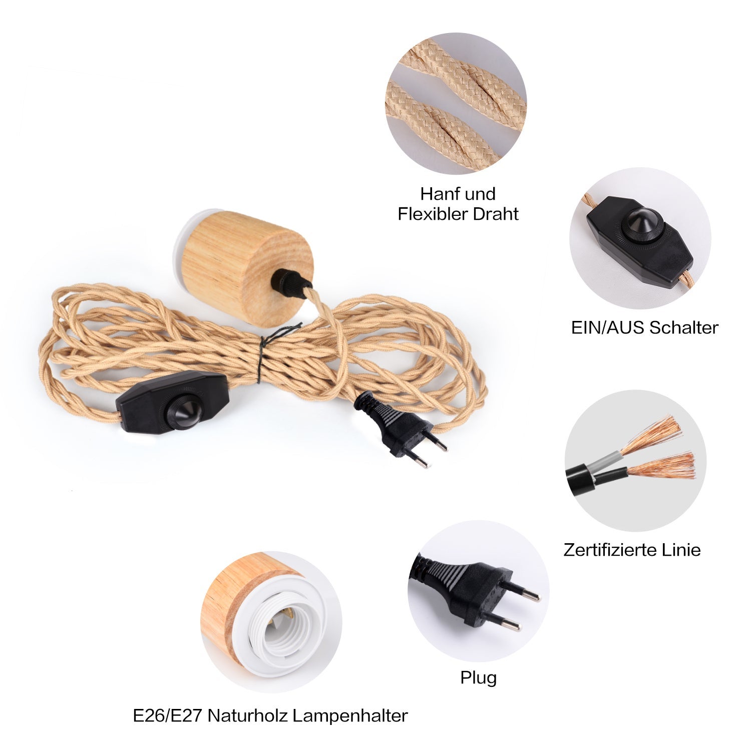 Kit de Suspension Industriel pour Lampes Suspendues avec Interrupteur et Prise – Câble en Chanvre Torsadé Vintage, Style Ferme 500cm - 2