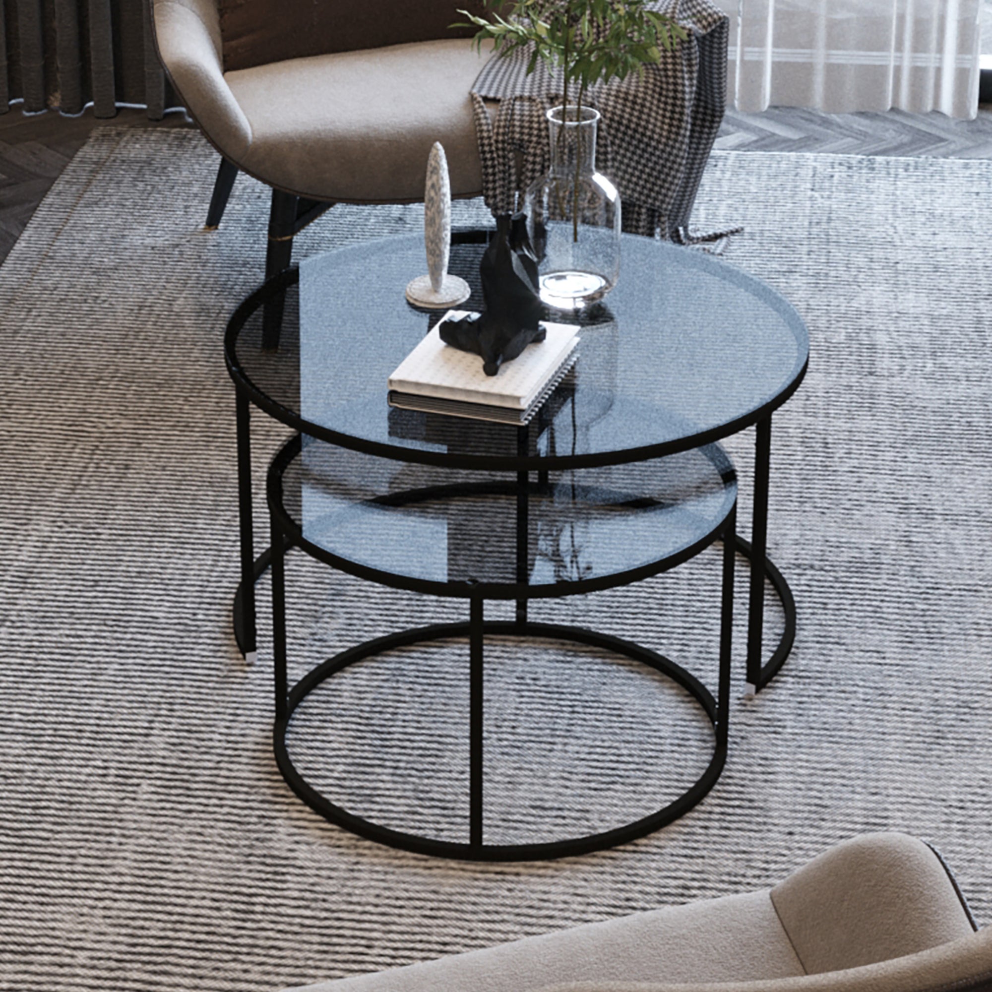 Set de 2 tables basses Kokkola rondes gigognes en verre fumé [en.casa] - 4