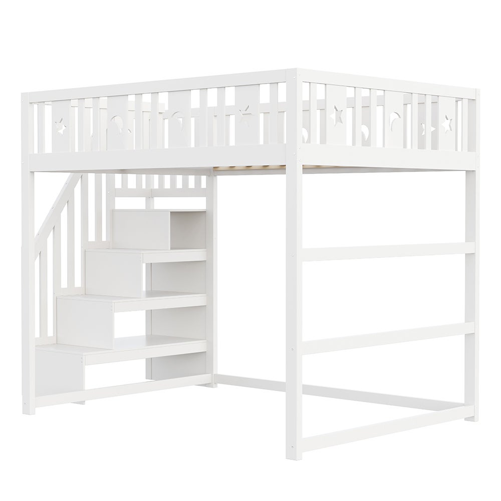 Lit superposé enfant 140x200 bois massif avec escalier et barrière sécurité étoiles-lune blanc - 5