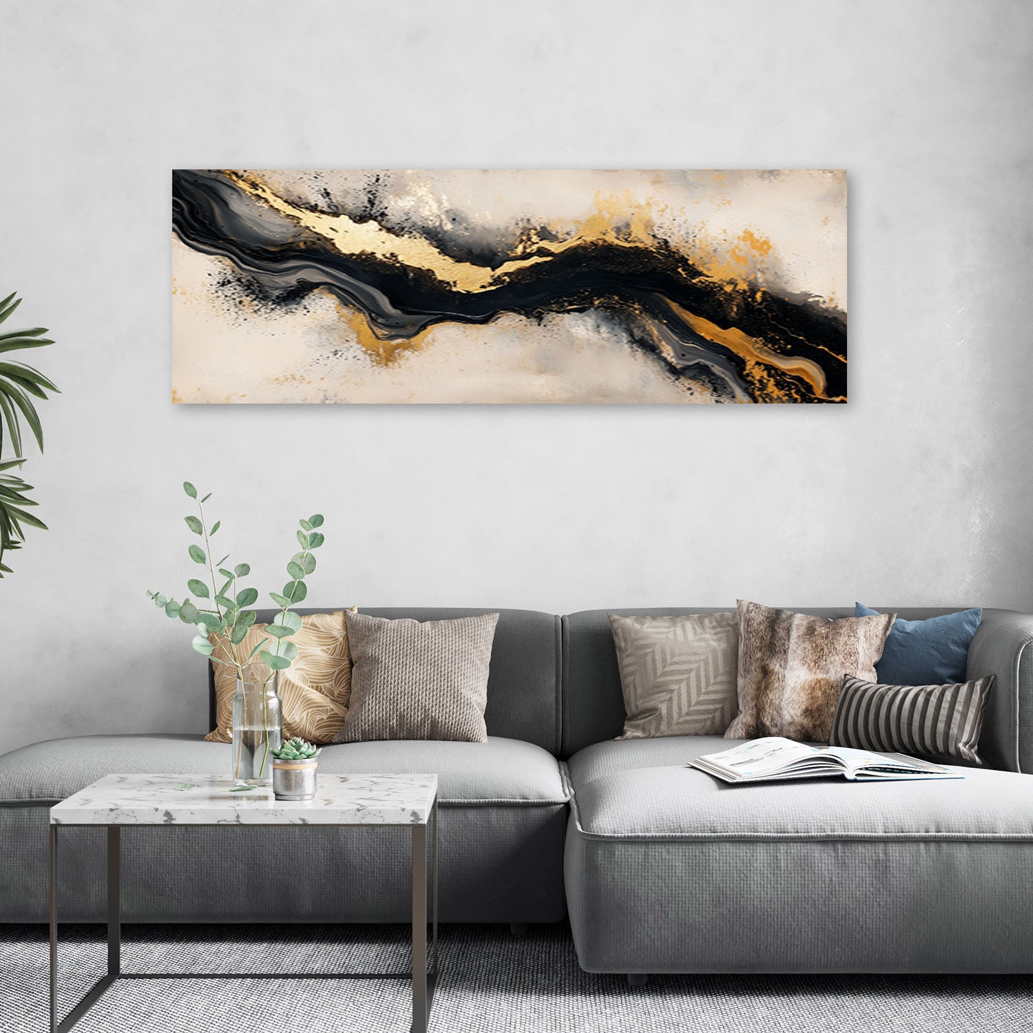 Cadre déco Abstrait Art Beige Noir Or Glamour 90x30 - 2