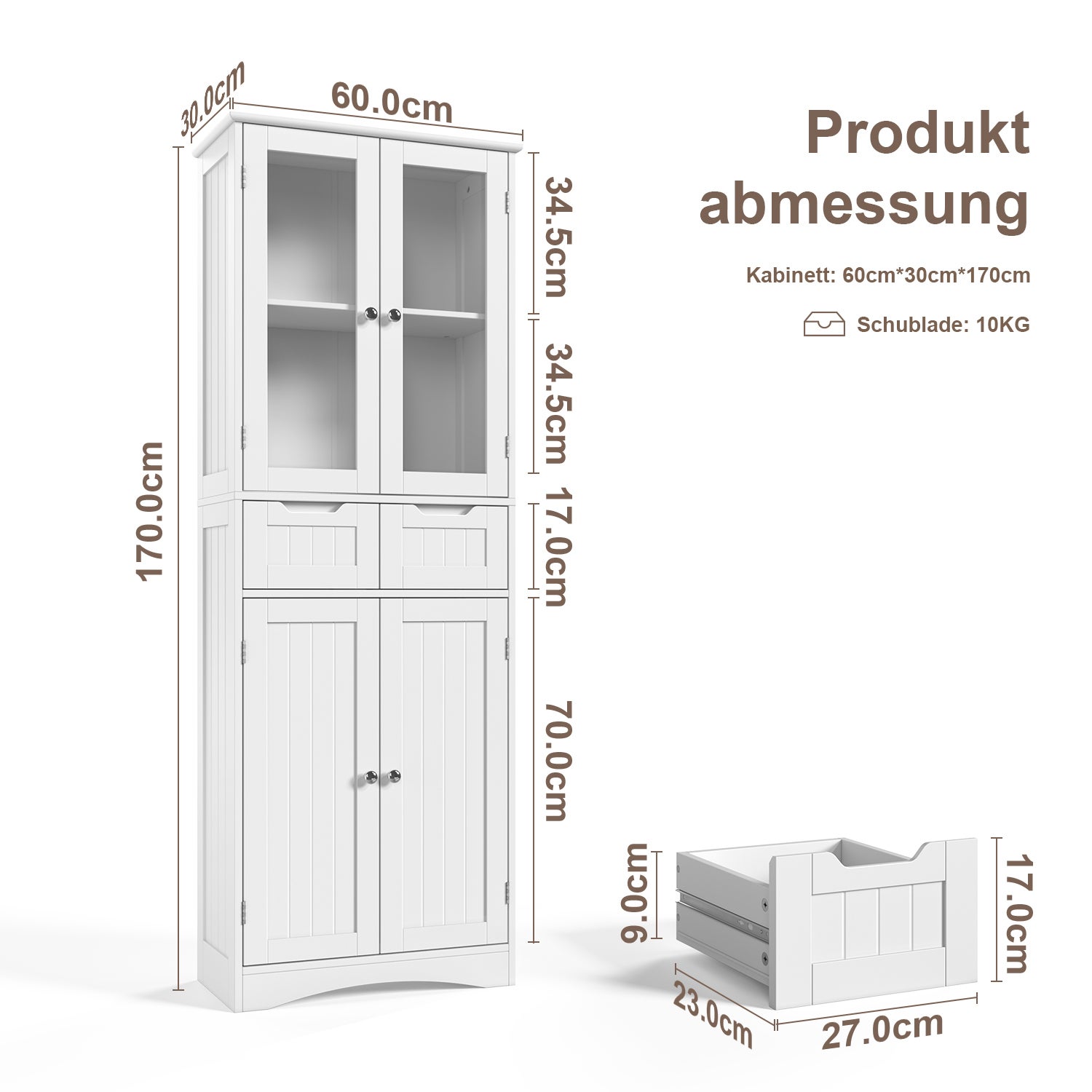 Armario Alto de Cocina 170 cm - Mueble con 4 Puertas de Vidrio, 2 Cajones y Estantes Regulables para Almacenamiento Bealife - 3