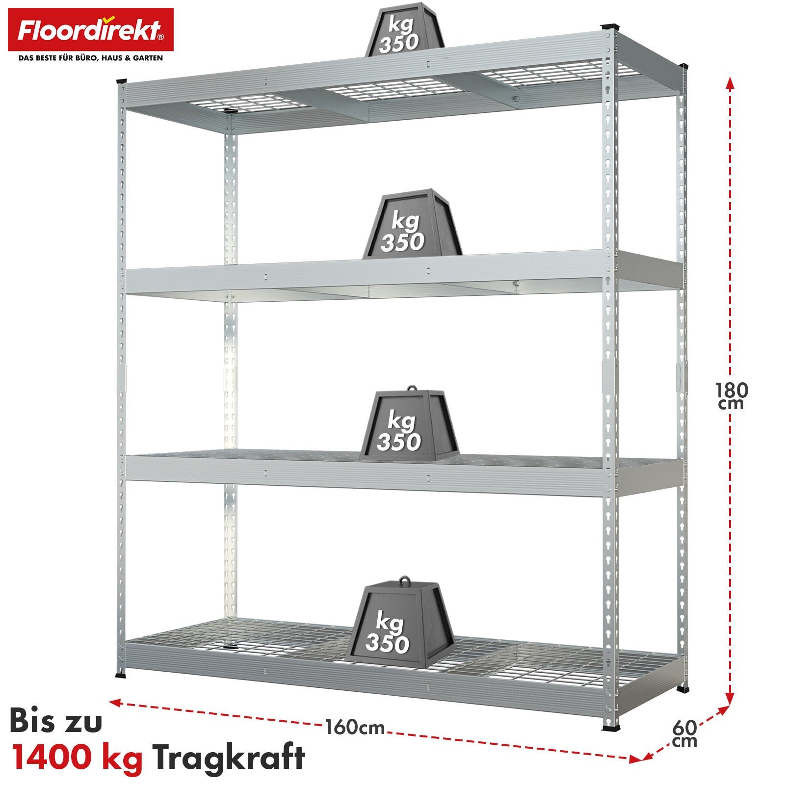 Étagère pour charges lourdes en acier avec tablettes grillagées Galvanisé 180 x 160 x 60 cm, 4 étages, Charge maximale : 1400kg - 3