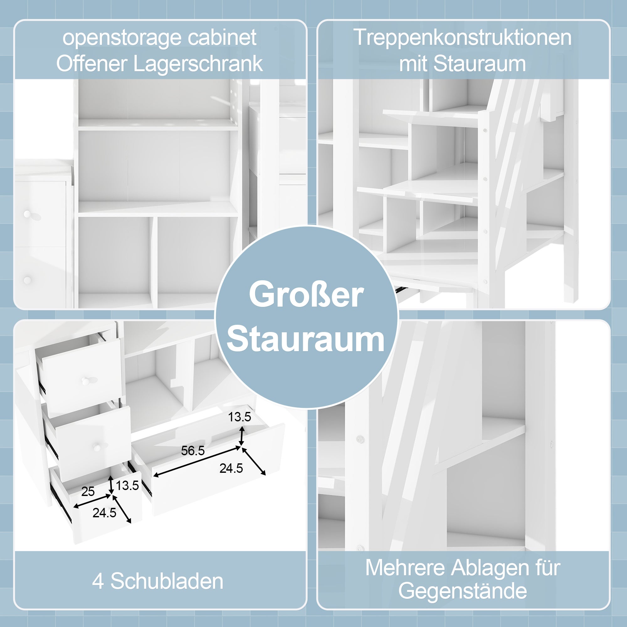 Letto a soppalco, 90x200 cm, senza materasso, ringhiera, scrivania, cassetti, mobile contenitore aperto, bianco - 2