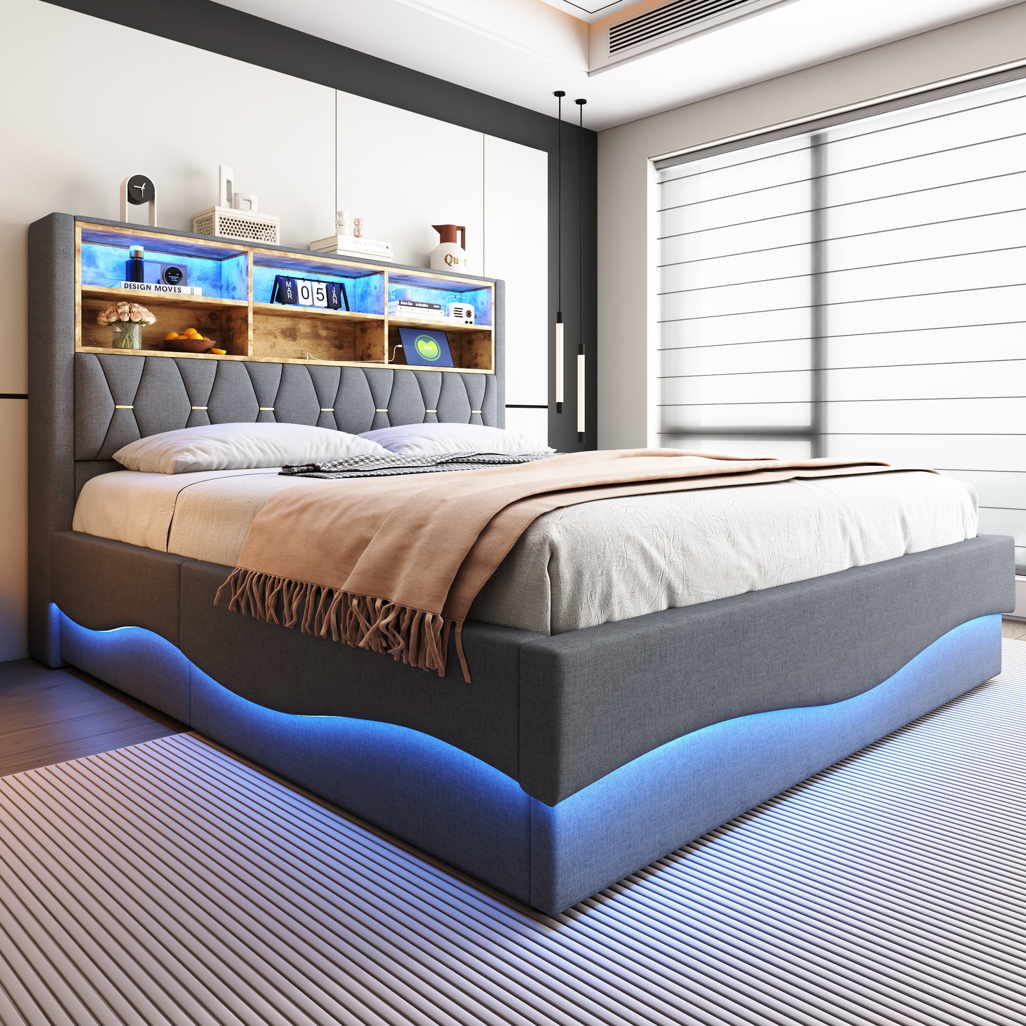 Cama baúl infantil 180x200 cm - con tira de luces LED - con puerto de carga USB - lino - gris (sin colchón) - 2
