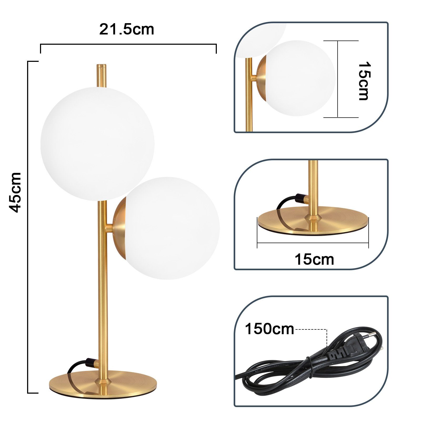 NETTLIFE lampada da tavolo moderna lampada da comodino industriale oro 2 lampadine con interruttore di design in metallo in vetro bianco E27 - 7