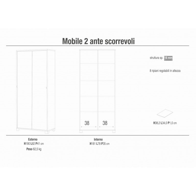 Armoire coulissante à 2 portes, 82 L x 42 P x 190 H, finition orme clair, Sarmog - 2