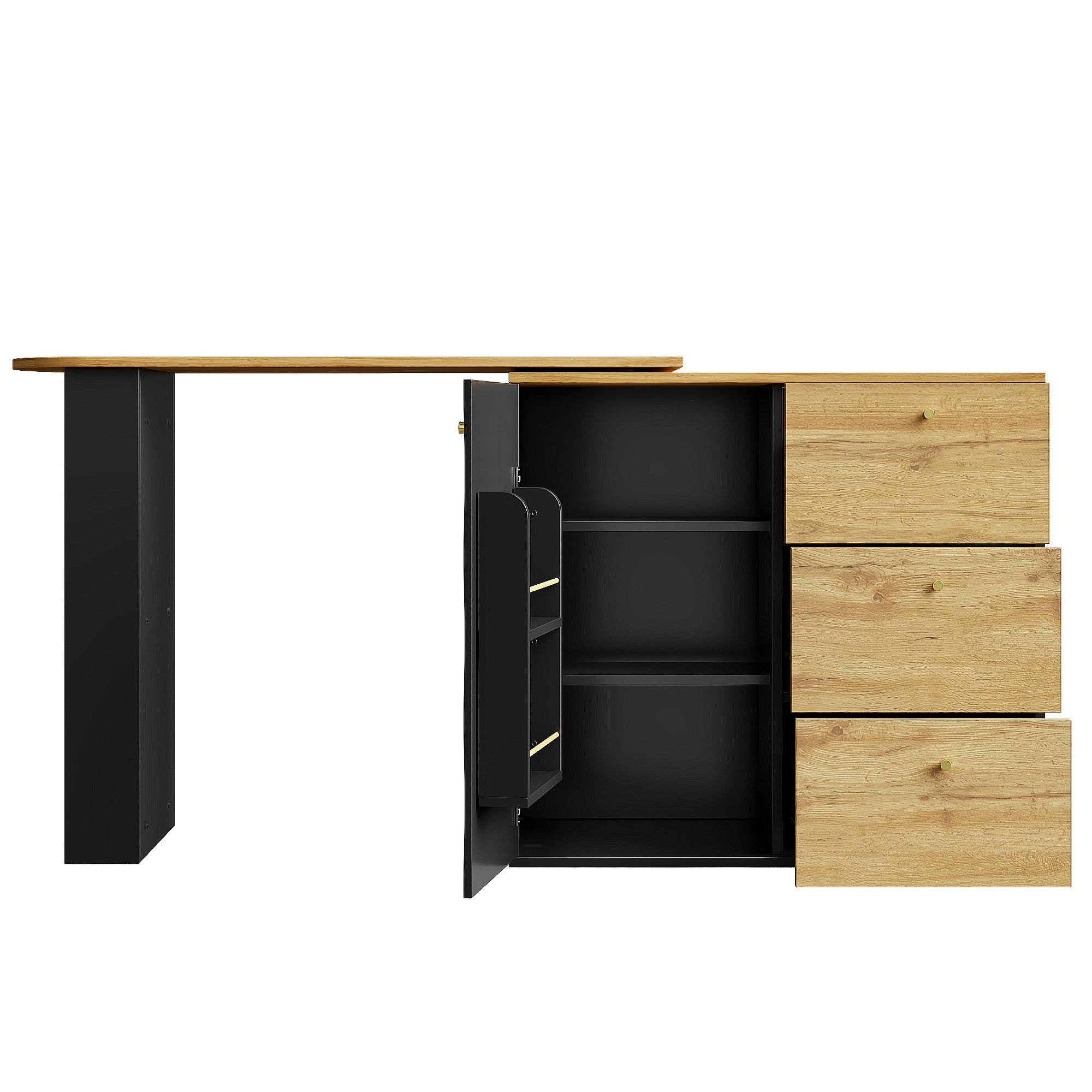 Meuble de bar pivotant 360° et escamotable - avec 3 tiroirs et 1 porte - étagères ouvertes - noir + naturel - 9
