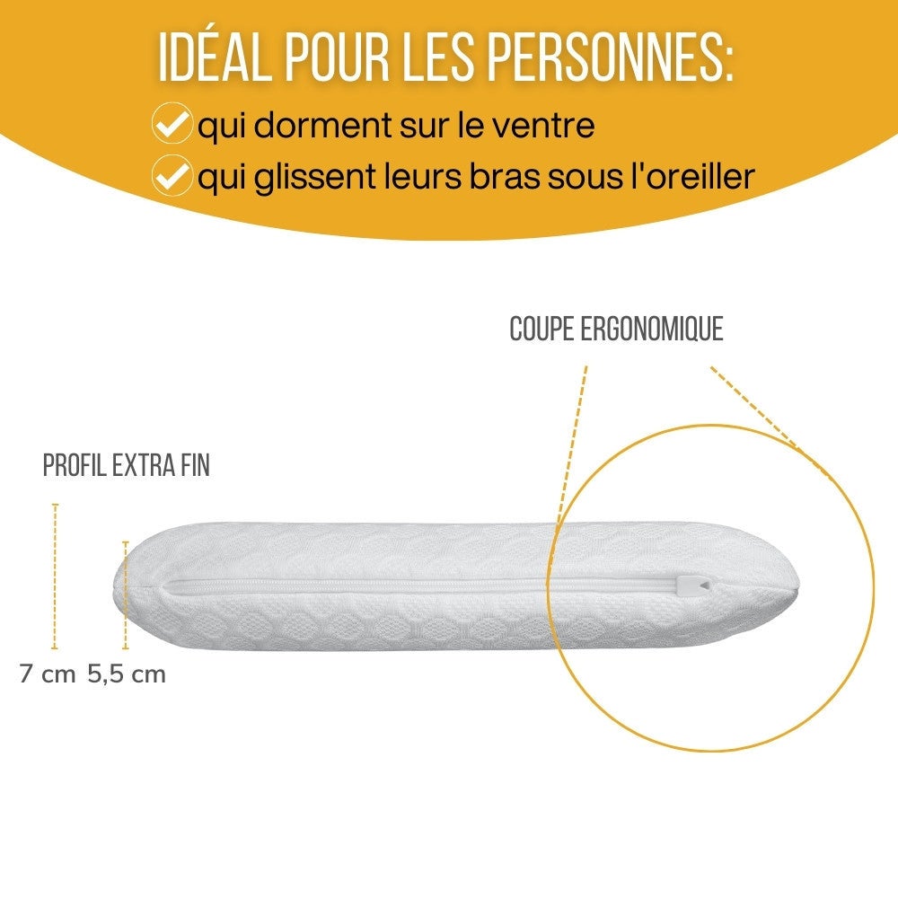 Oreiller EXTRA PLAT pour Personnes qui Dorment sur le Ventre S – 50x30x5,5 - Taie d'Oreiller en Bambou INPHYSIO - 6