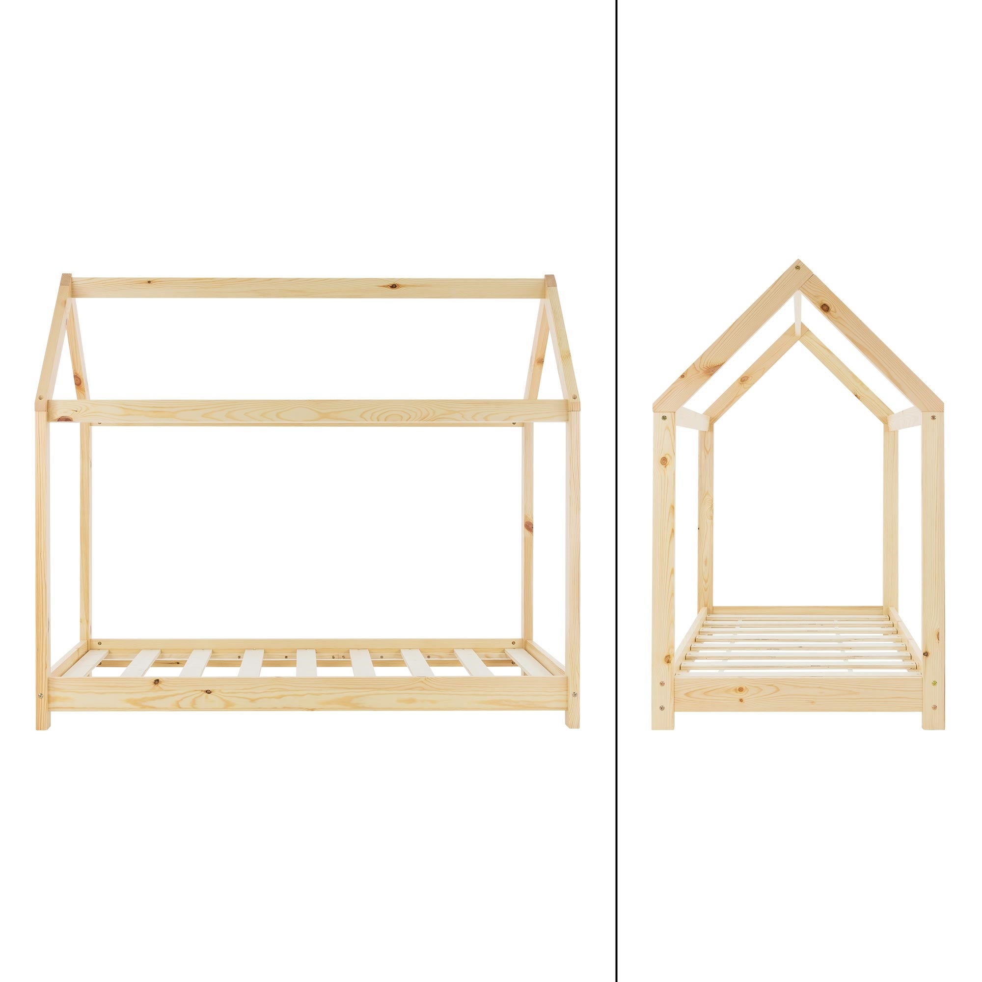 Lit cabane enfant 80x160 cm naturel bois de pin massif avec matelas, toit et sommier à lattes, couchage au sol maisonnette chambre - 5