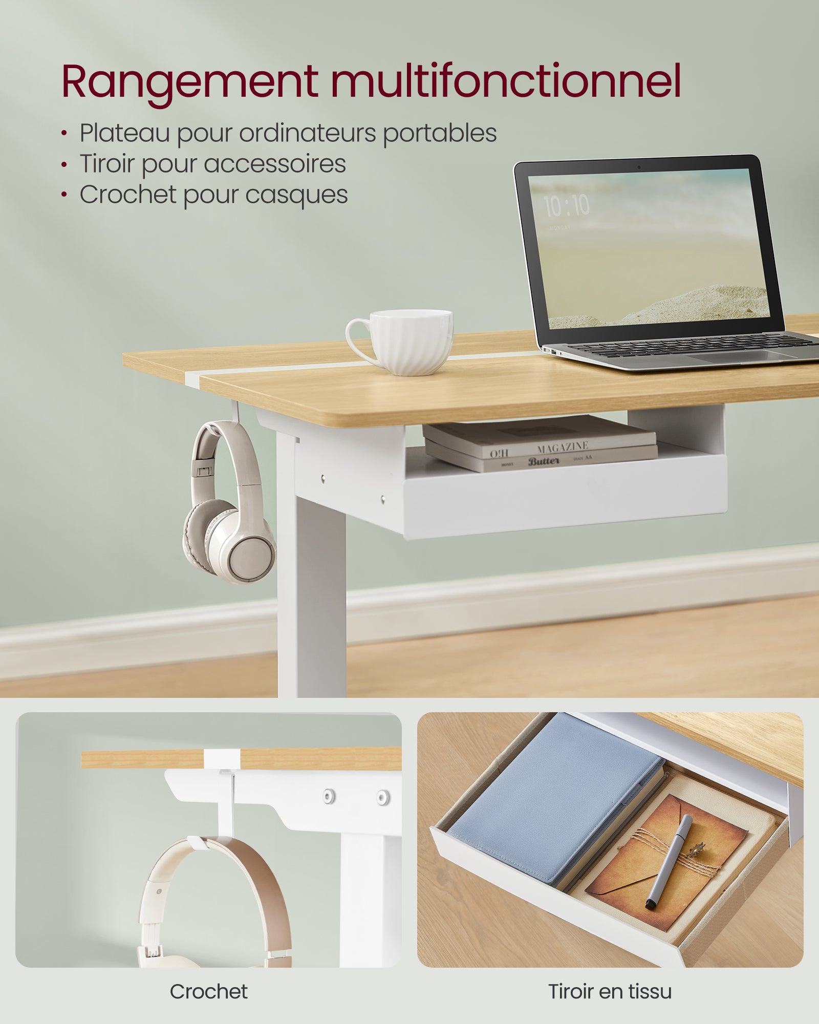 Bureau Électrique Réglable en Hauteur, Multiprise, Tiroir, 70 x 160 cm, Réglable en Continu, Couleur Chêne Naturel et Blanc Nuage - 6