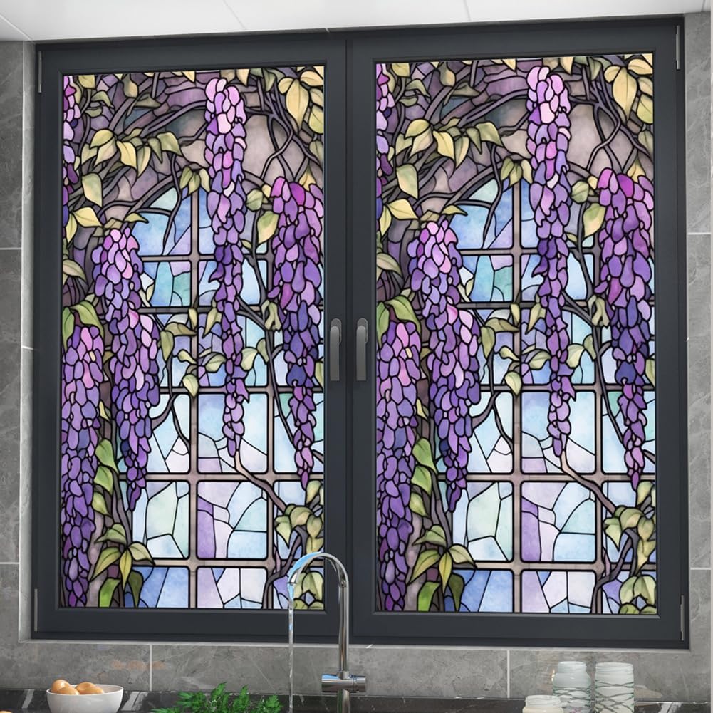 (45x200cm) Folia okienna z kwiatowym wzorem witrażowym - Blokada UV - Izolacja termiczna - Wzór fioletowy - Do dekoracji okien -