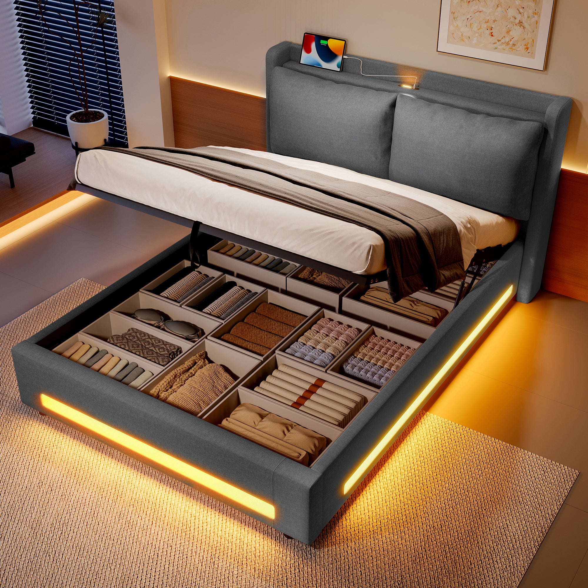 Nowoczesne Łóżko Tapicerowane 140x190cm ze Schowkiem Hydraulicznym, Wielofunkcyjnym Zagłówkiem, LED i USB-C - Ciemnoszare